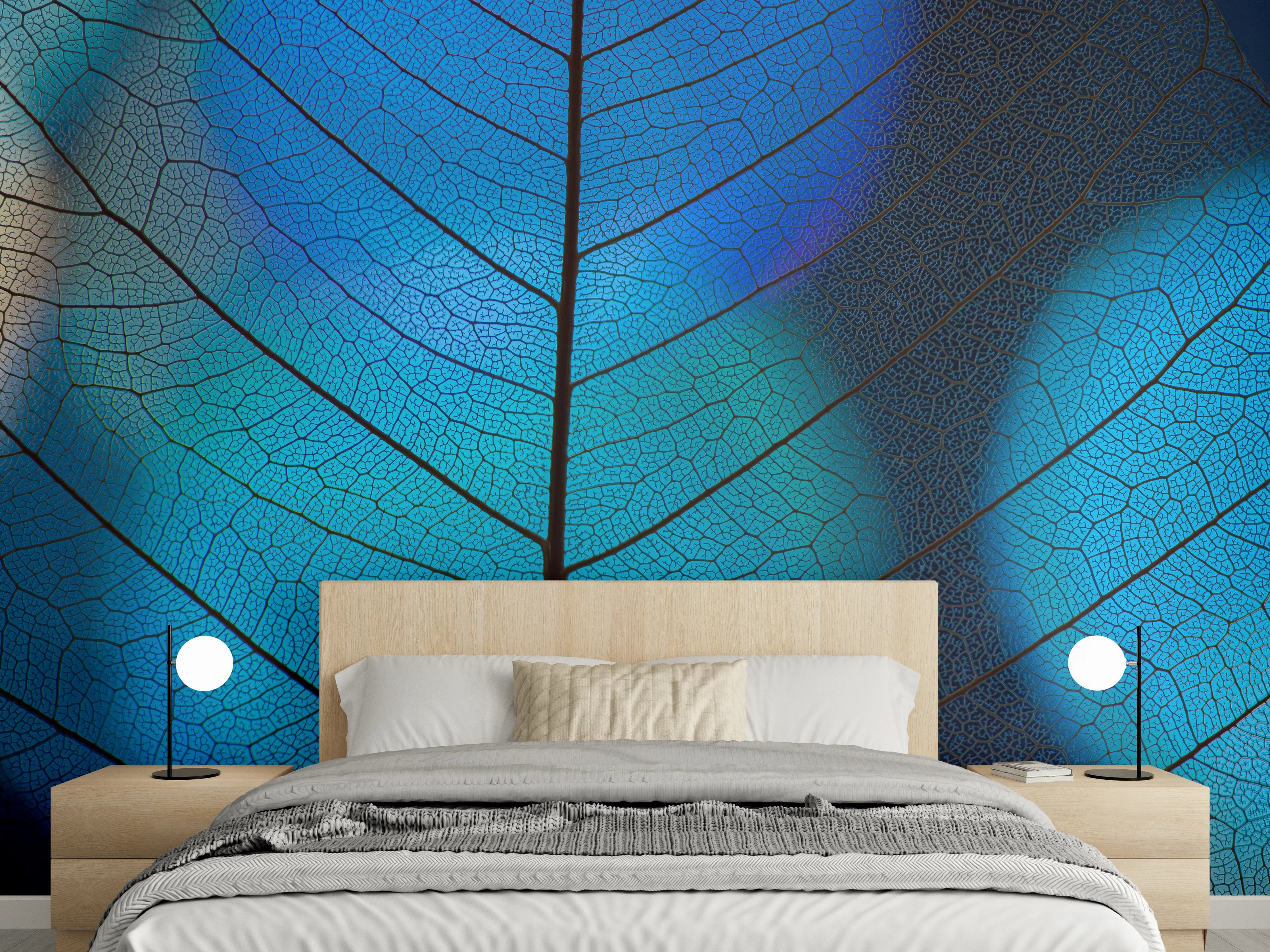 Wandverkleidung Schlafzimmer - Blaues Blattmuster – Natur Wanddeko