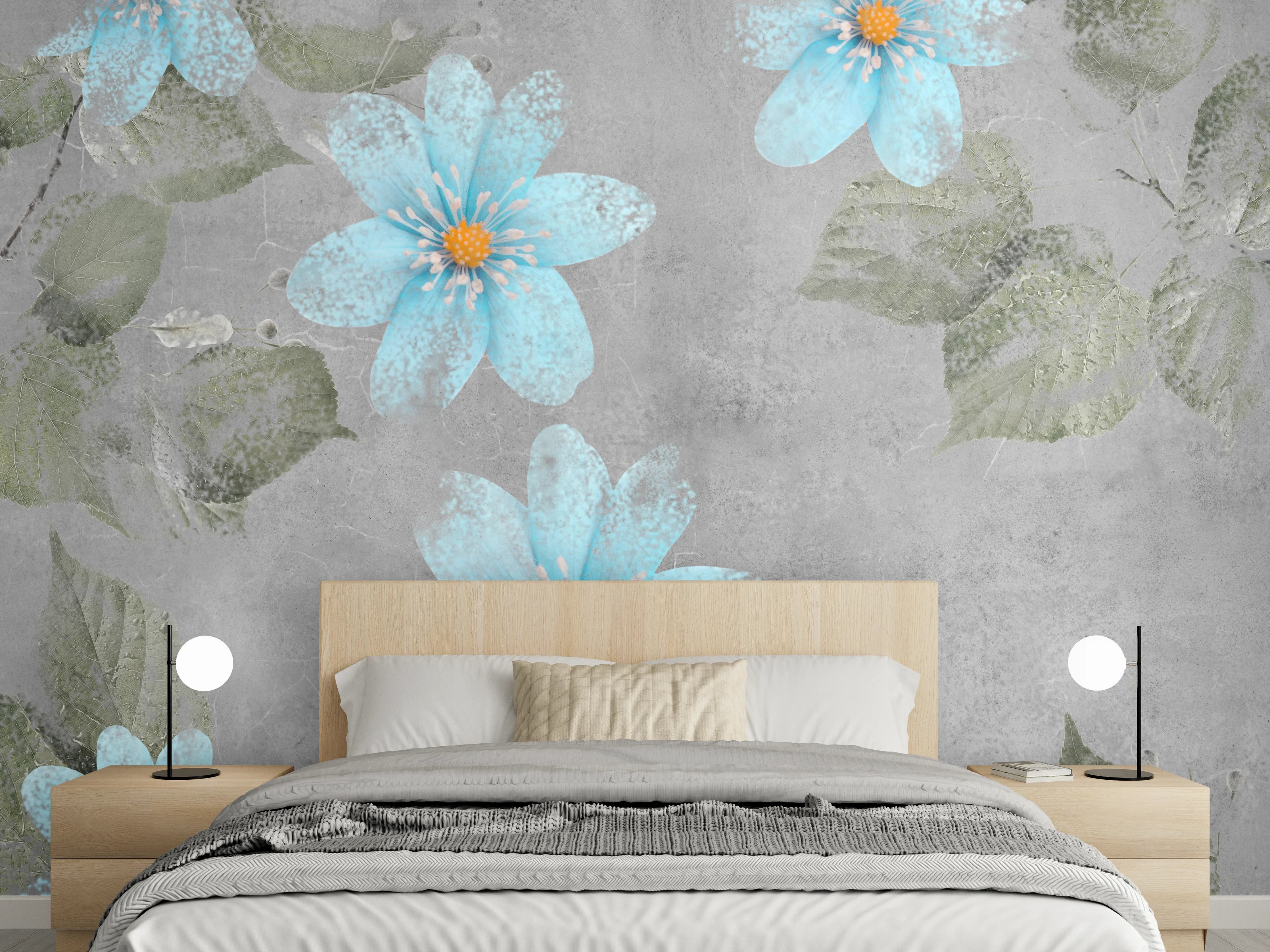 Wandverkleidung Schlafzimmer - Blaues Blumenmuster - Zeichnung