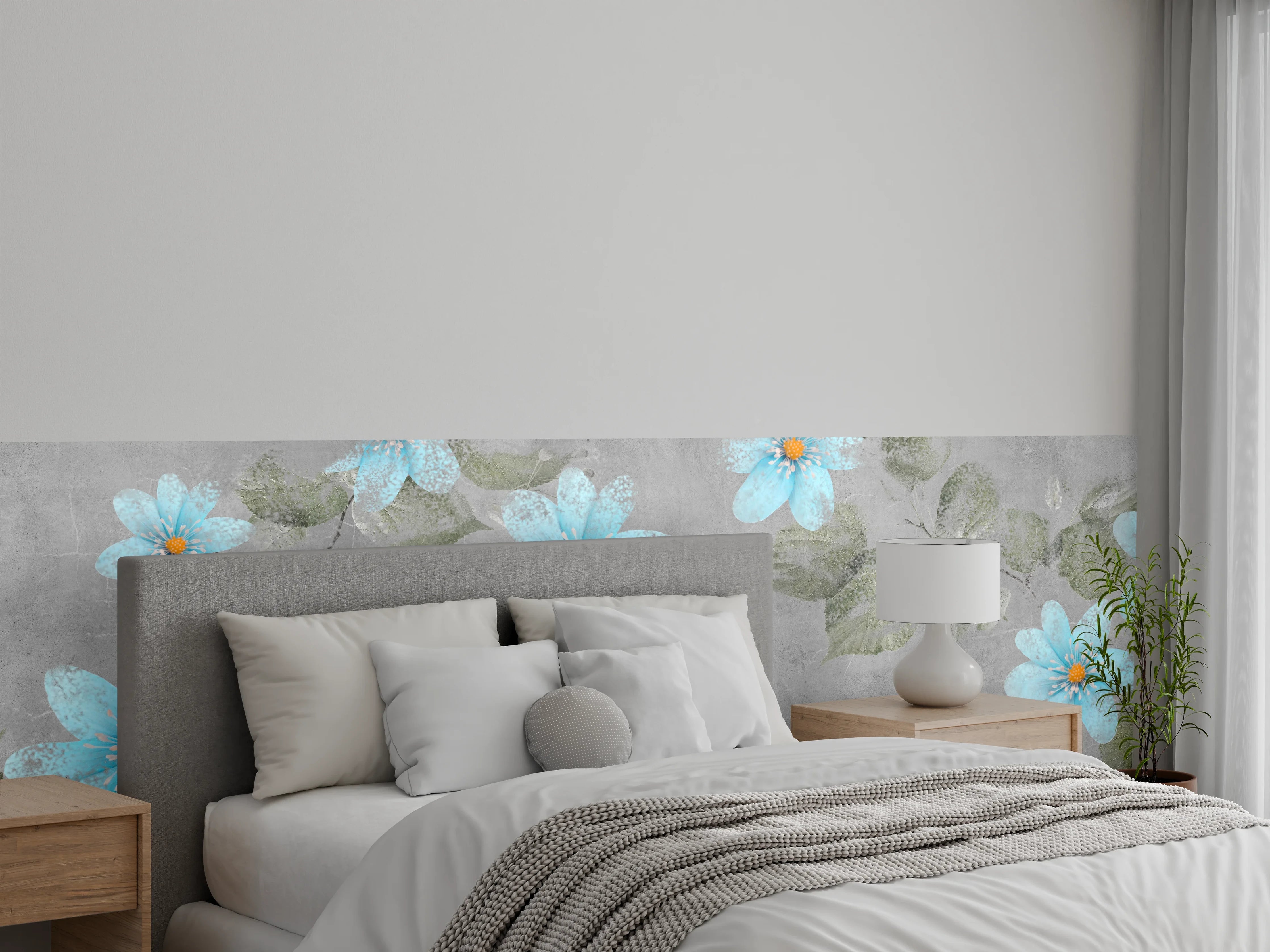 Wandverkleidung Schlafzimmer - Blaues Blumenmuster - Zeichnung