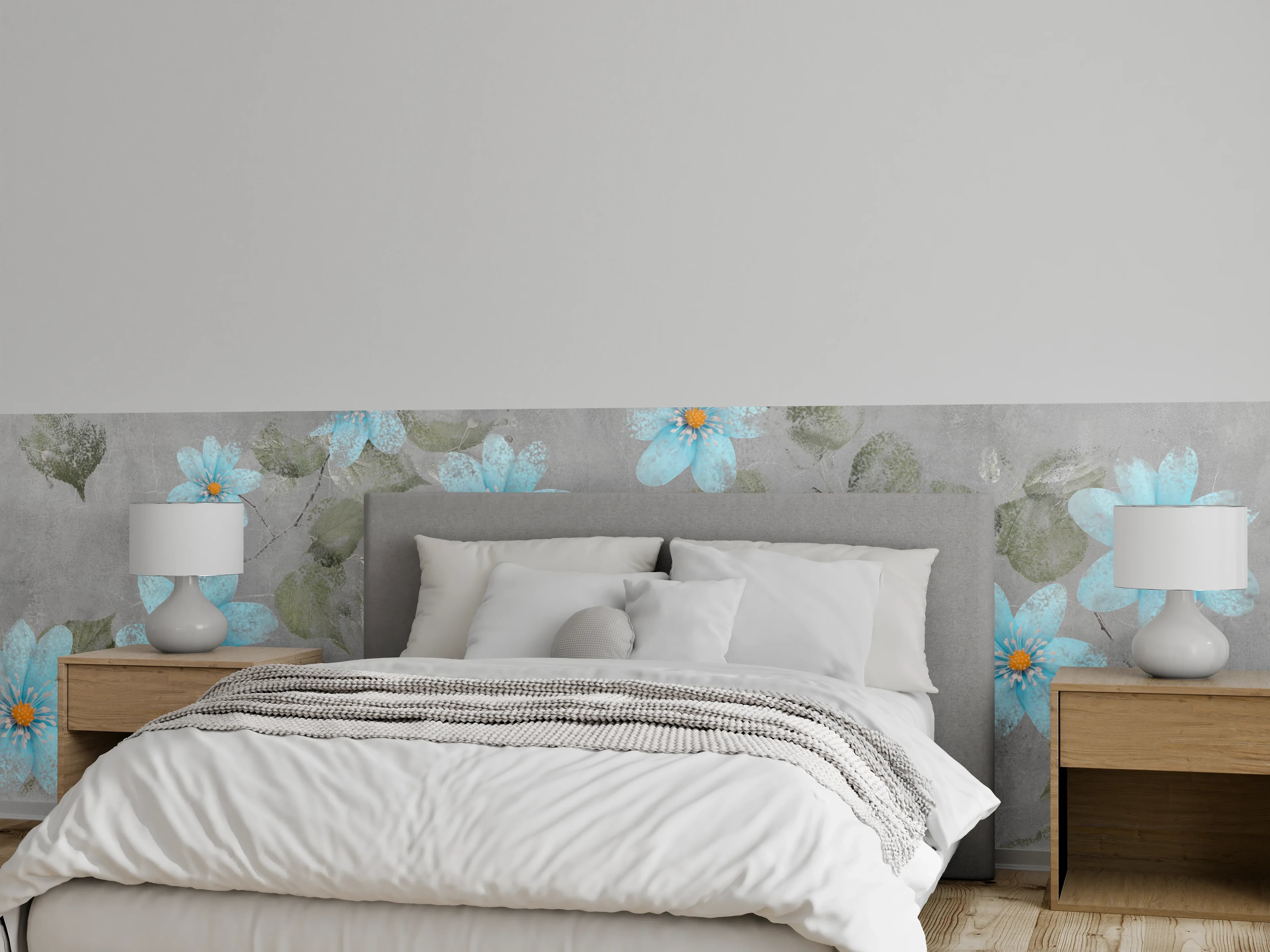 Wandverkleidung Schlafzimmer - Blaues Blumenmuster - Zeichnung