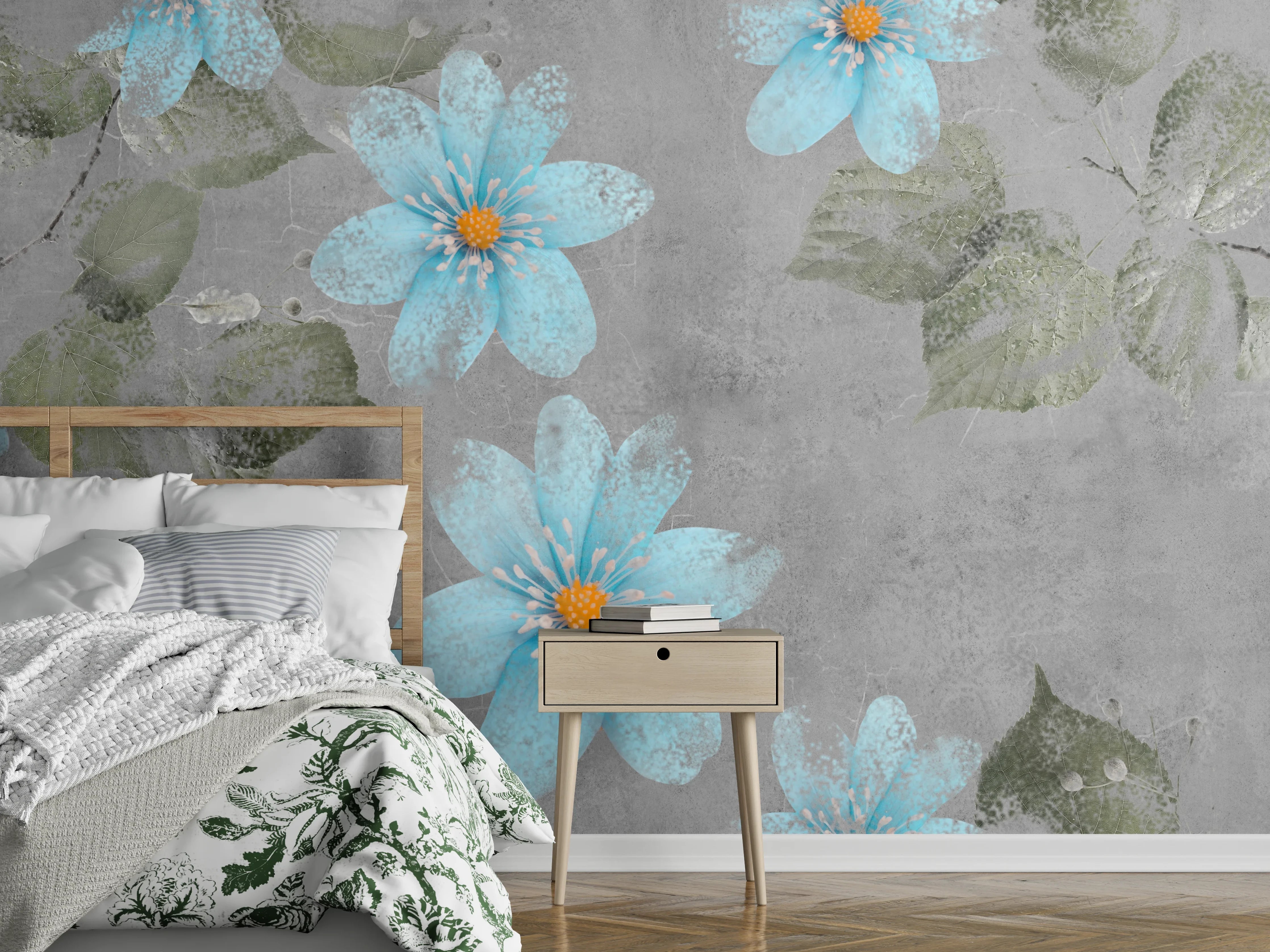 Wandverkleidung Schlafzimmer - Blaues Blumenmuster - Zeichnung