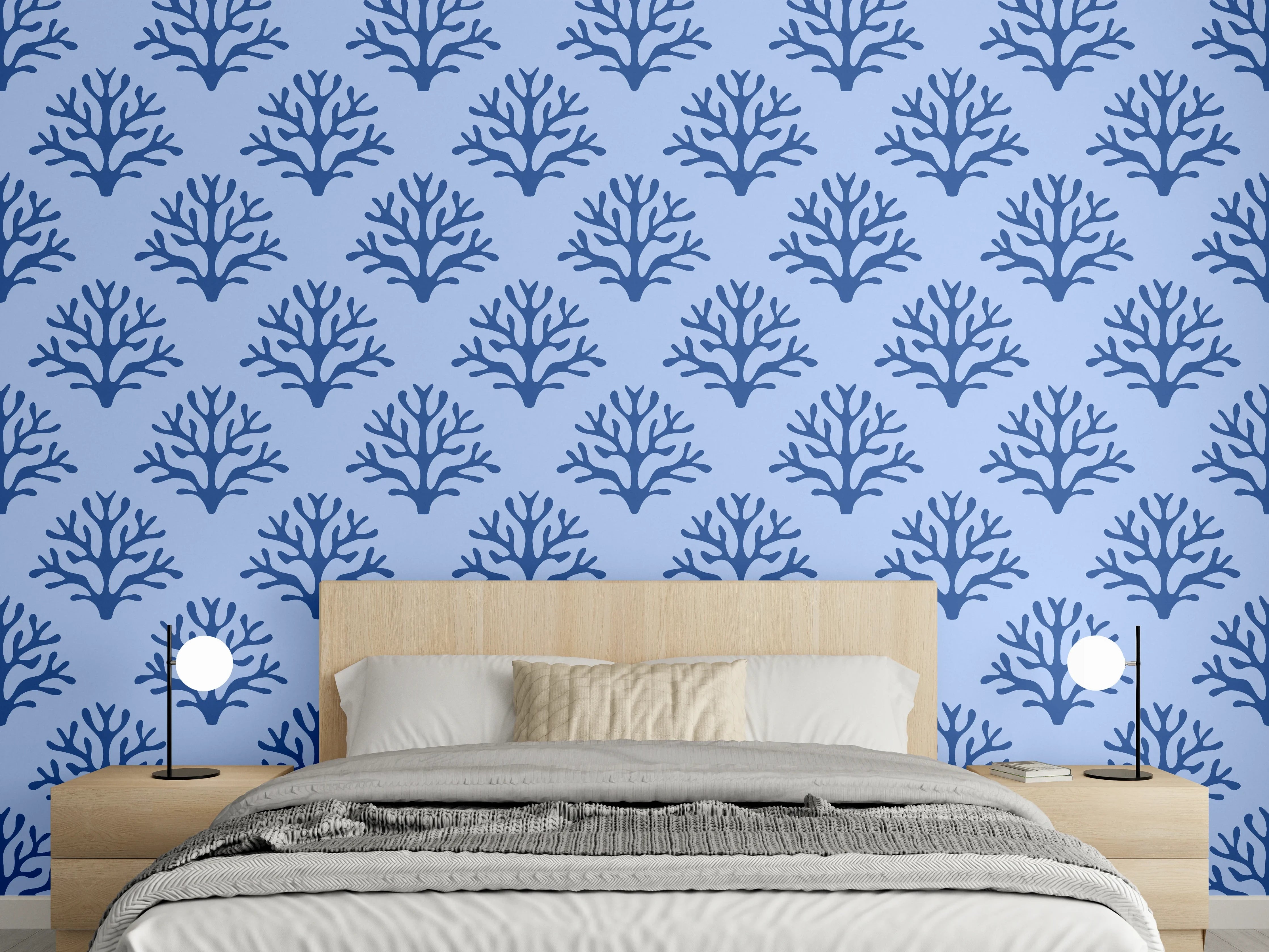 Wandverkleidung Schlafzimmer - Blaues Korallenmuster Tapete