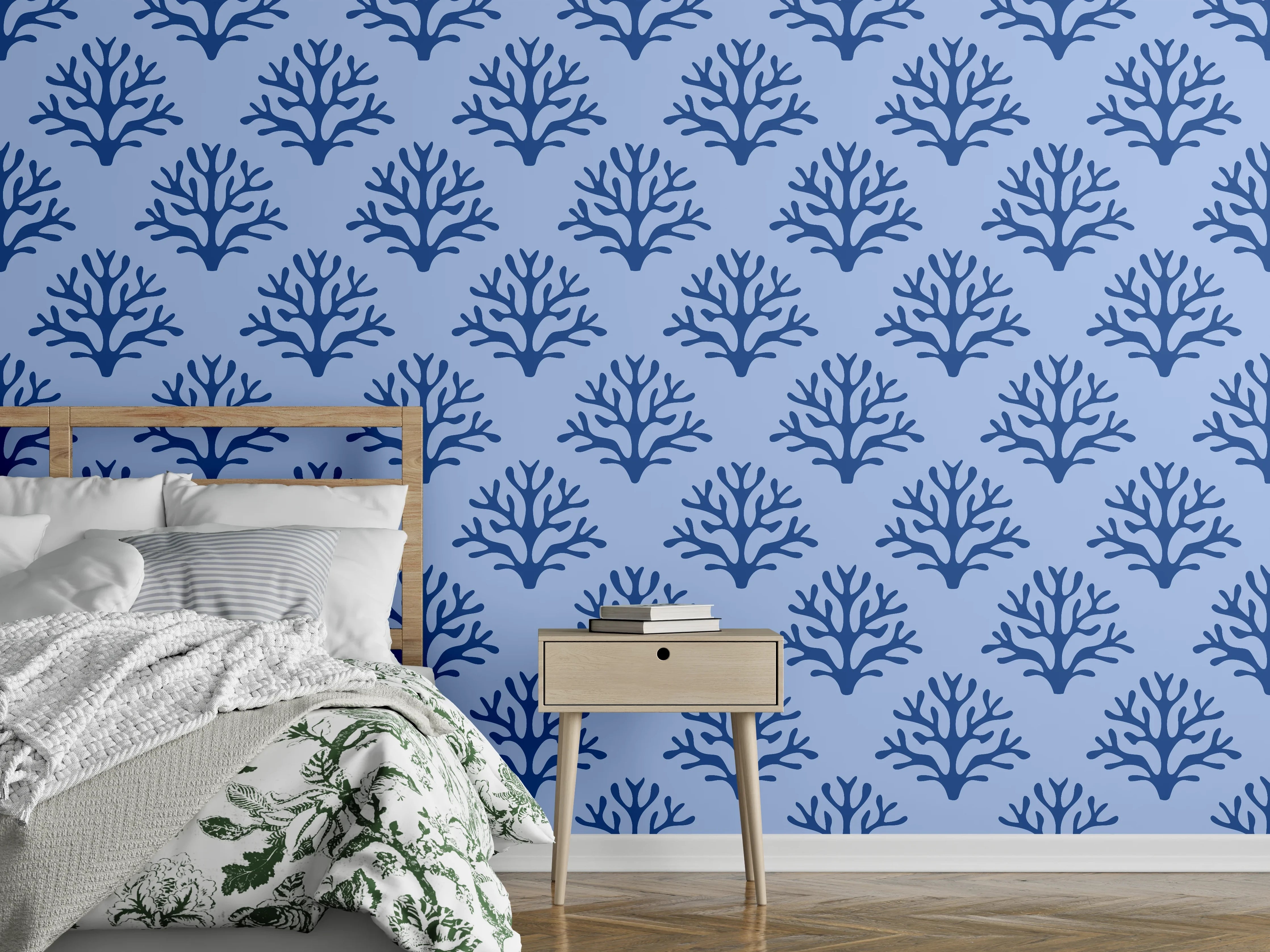 Wandverkleidung Schlafzimmer - Blaues Korallenmuster Tapete