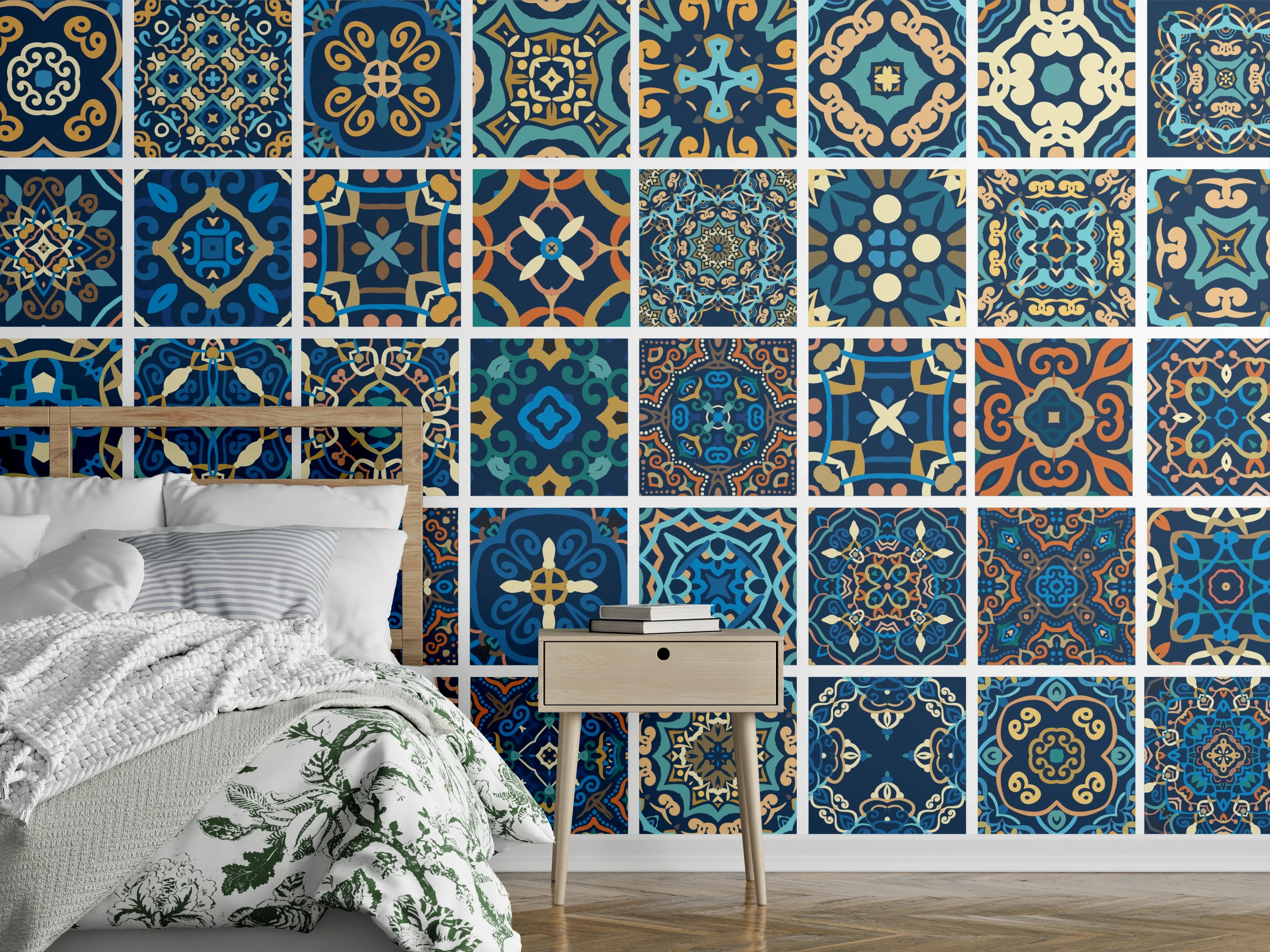 Wandverkleidung Schlafzimmer - Blaues Orientalisches Fliesenmuster