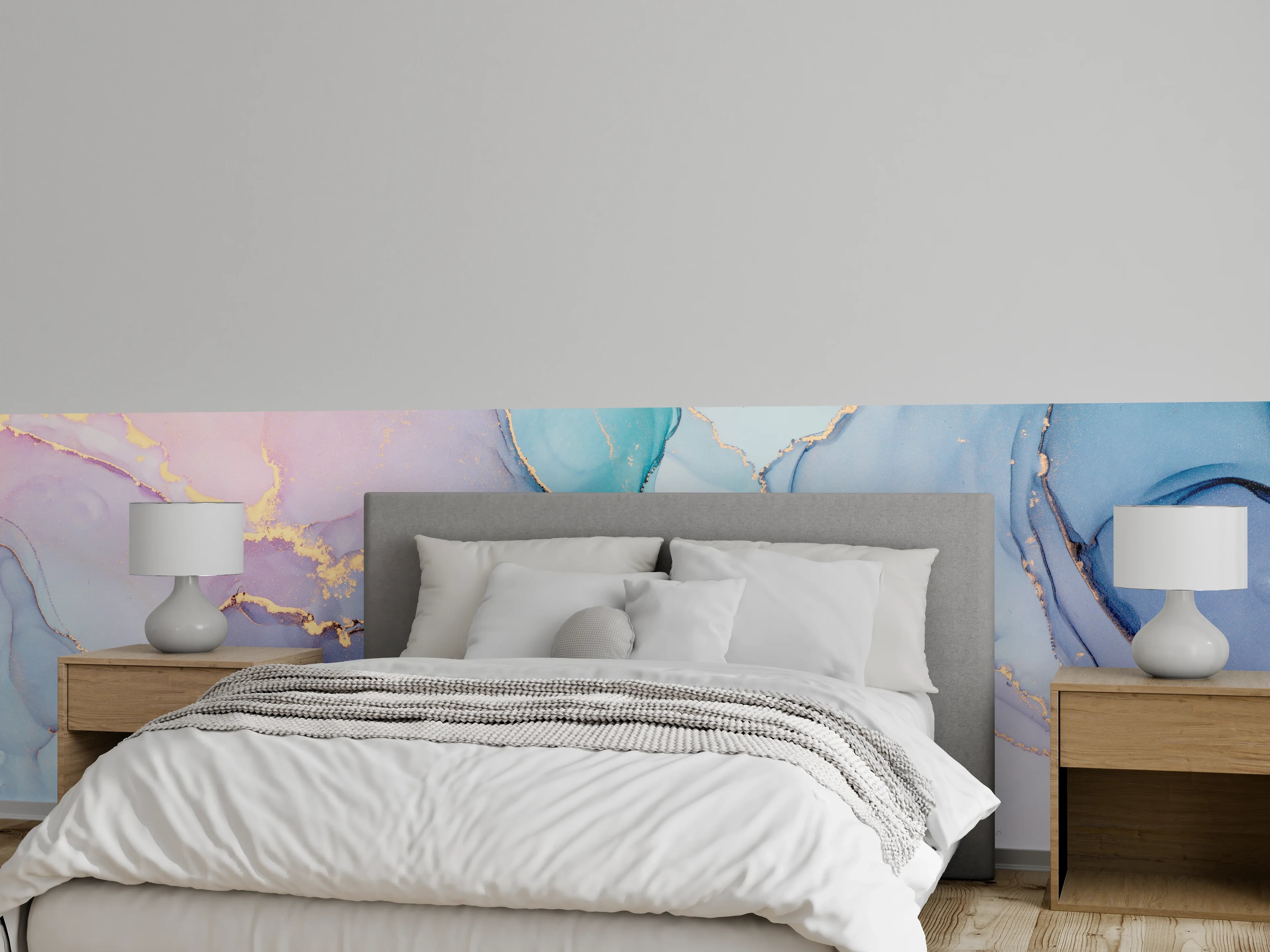 Wandverkleidung Schlafzimmer - Blaugoldene Harmonie mit grauen Akzenten