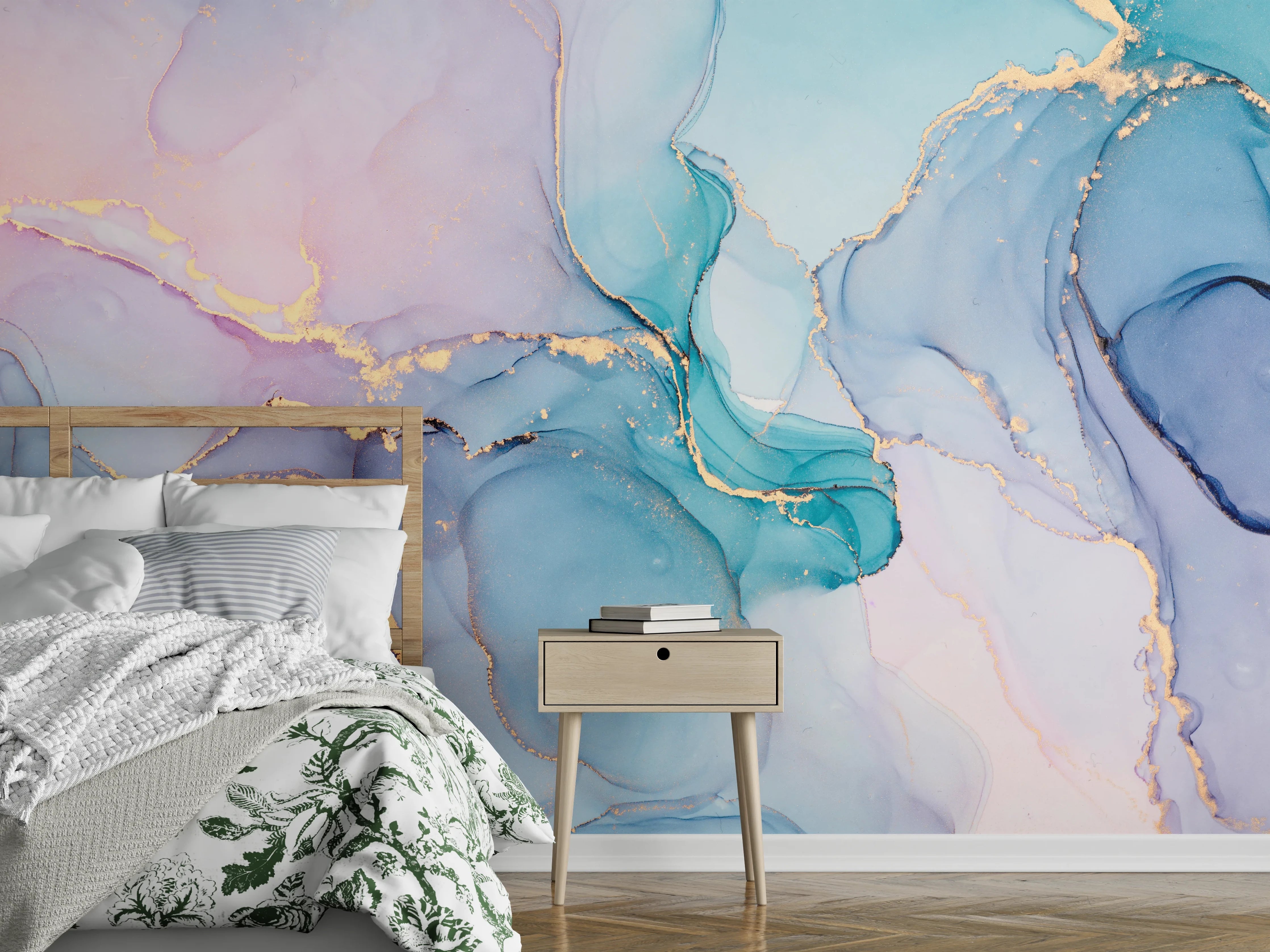 Wandverkleidung Schlafzimmer - Blaugoldene Harmonie mit grauen Akzenten