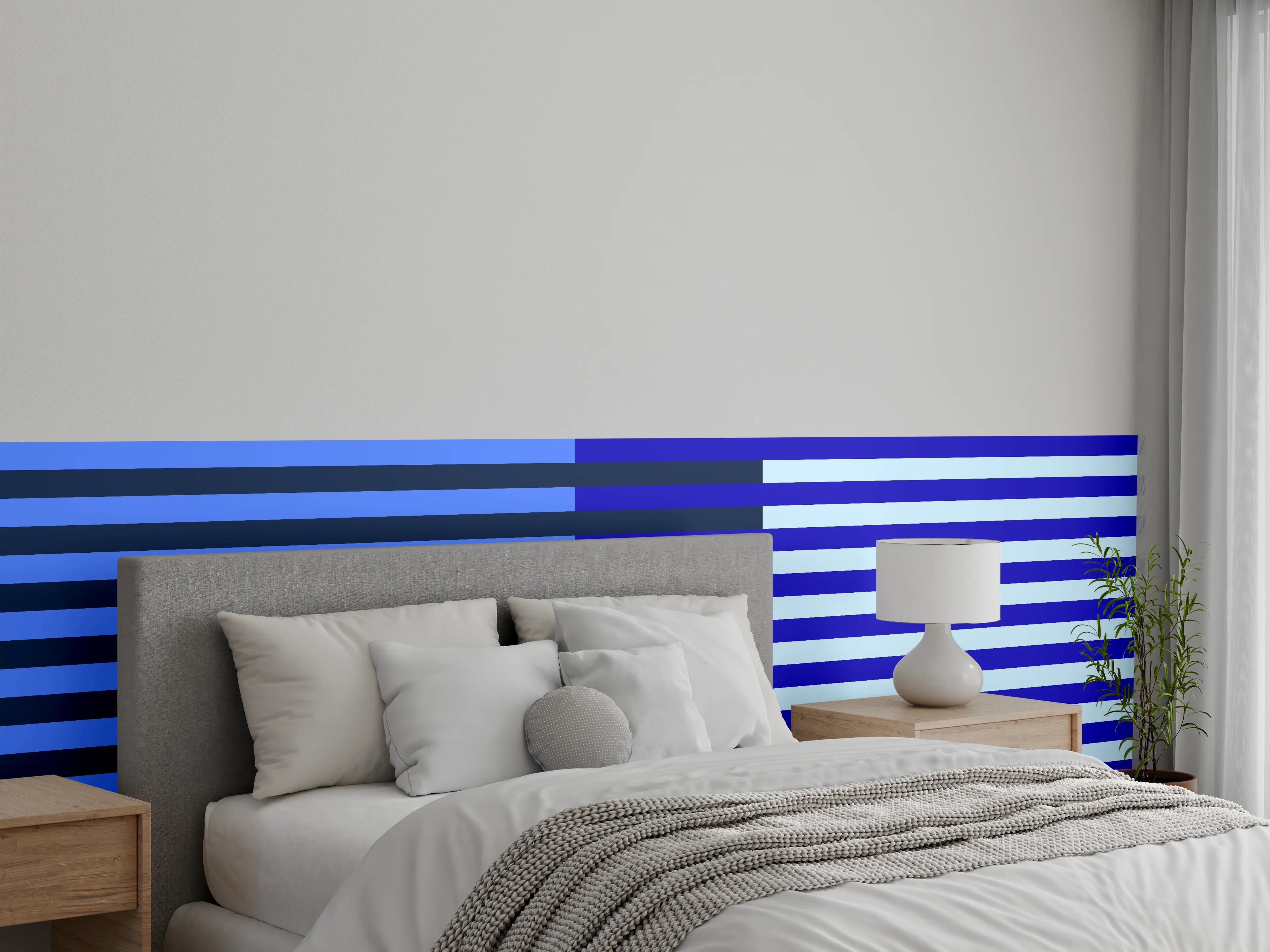 Wandverkleidung Schlafzimmer - Blaugraue Linien auf Weiß
