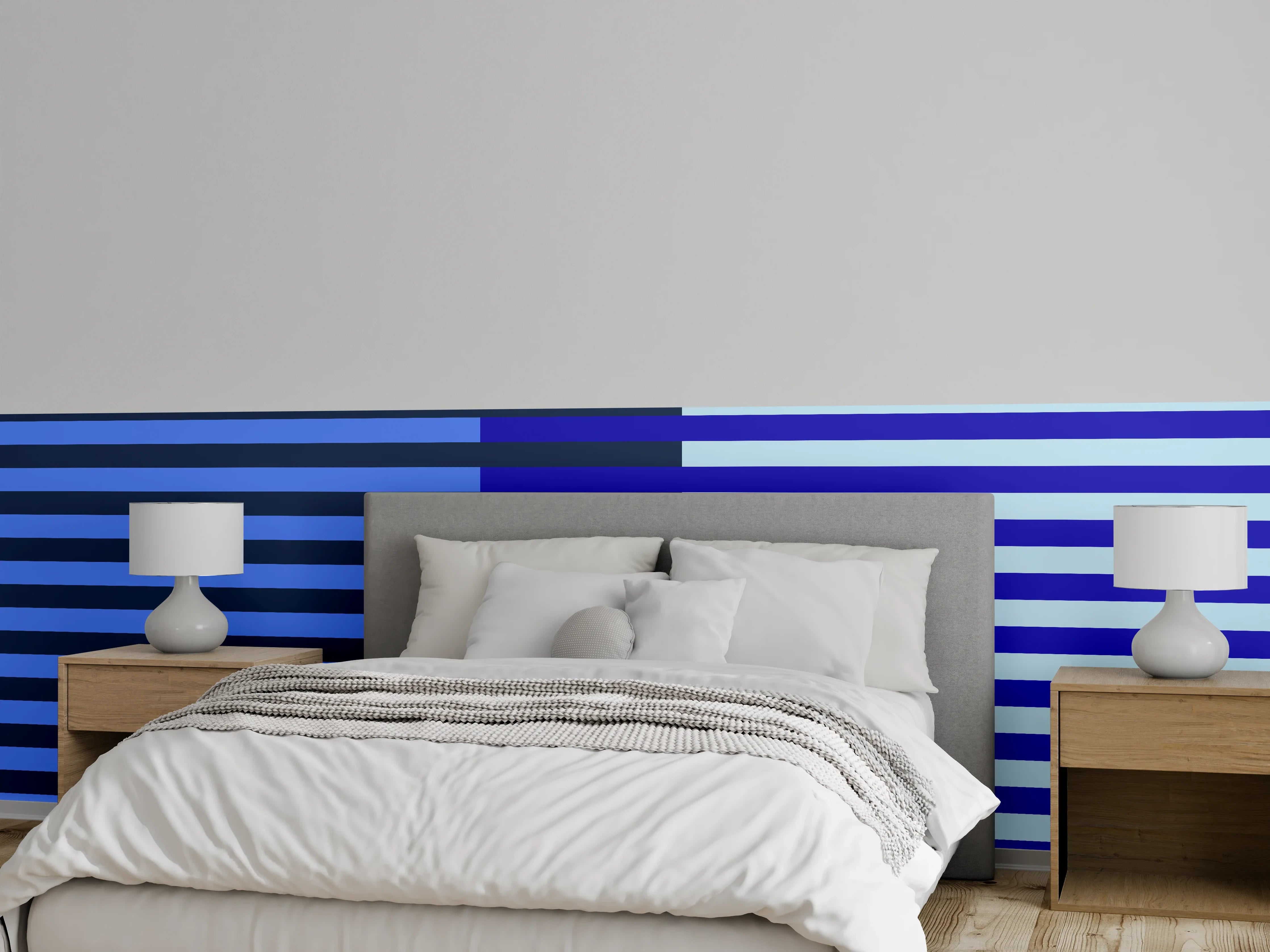 Wandverkleidung Schlafzimmer - Blaugraue Linien auf Weiß