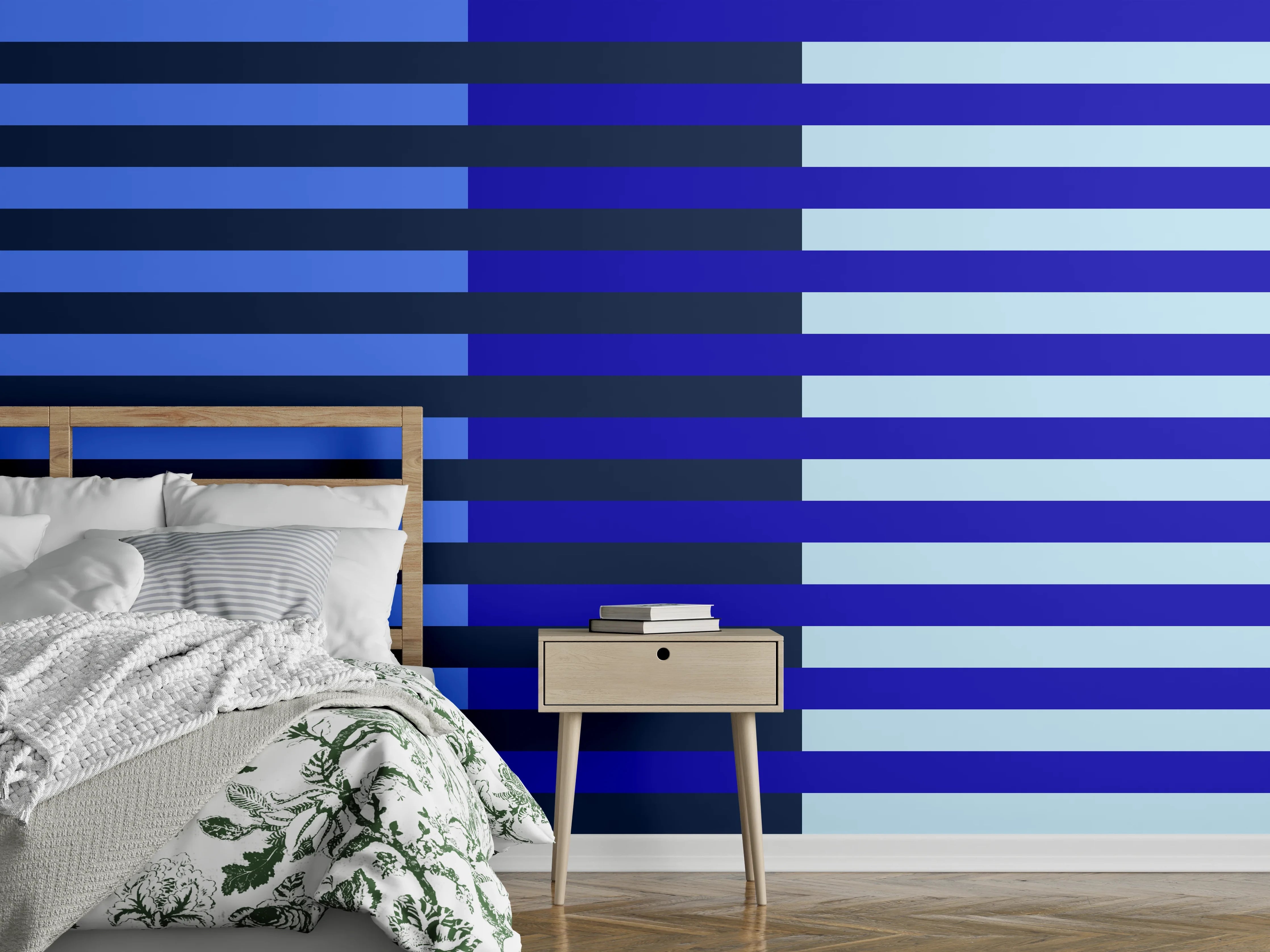 Wandverkleidung Schlafzimmer - Blaugraue Linien auf Weiß