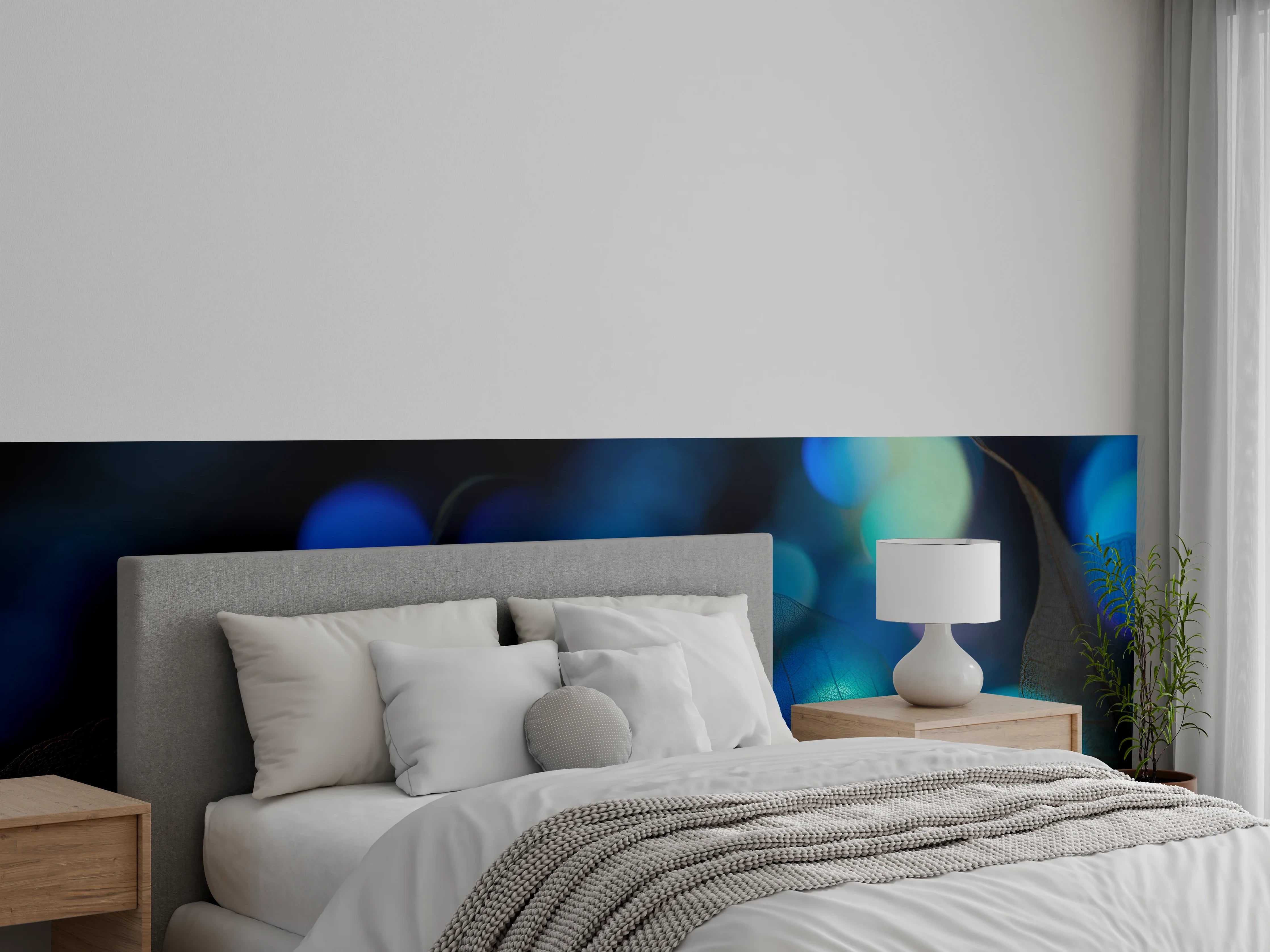 Wandverkleidung Schlafzimmer - Blaugrün Lichtspiel Blatttextur