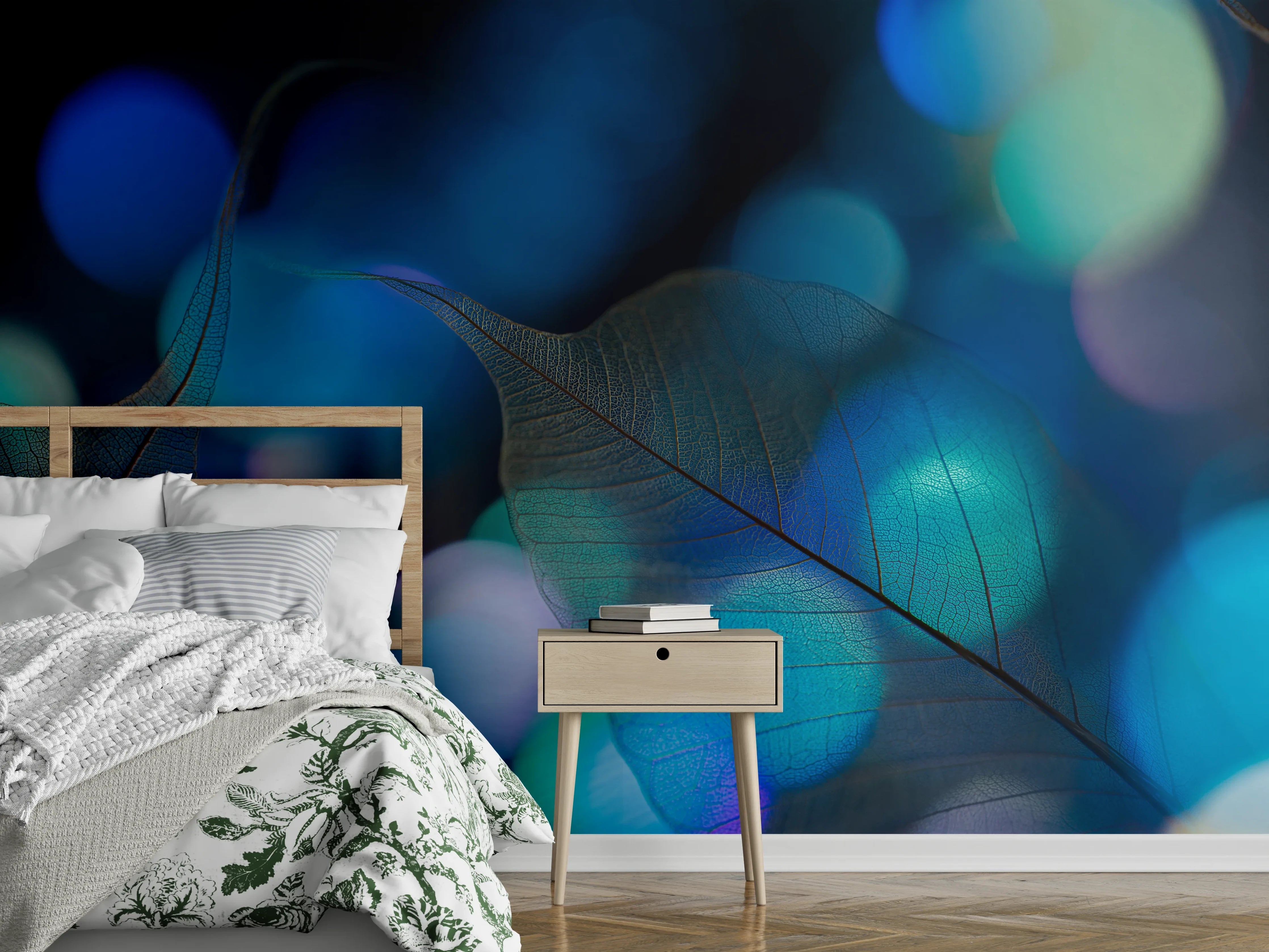 Wandverkleidung Schlafzimmer - Blaugrün Lichtspiel Blatttextur