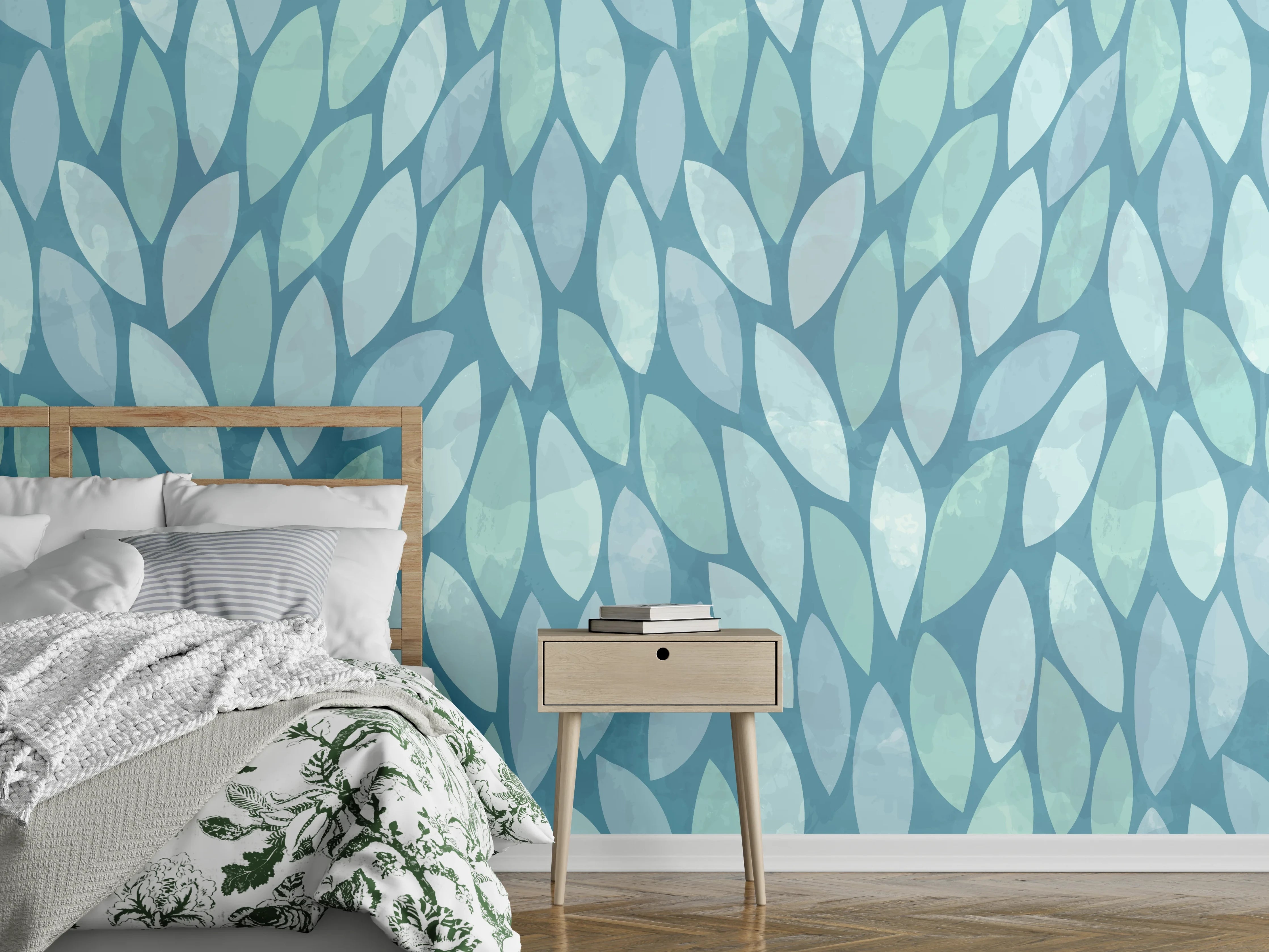 Wandverkleidung Schlafzimmer - Blaugrünes Blättermuster Aquarell-Optik