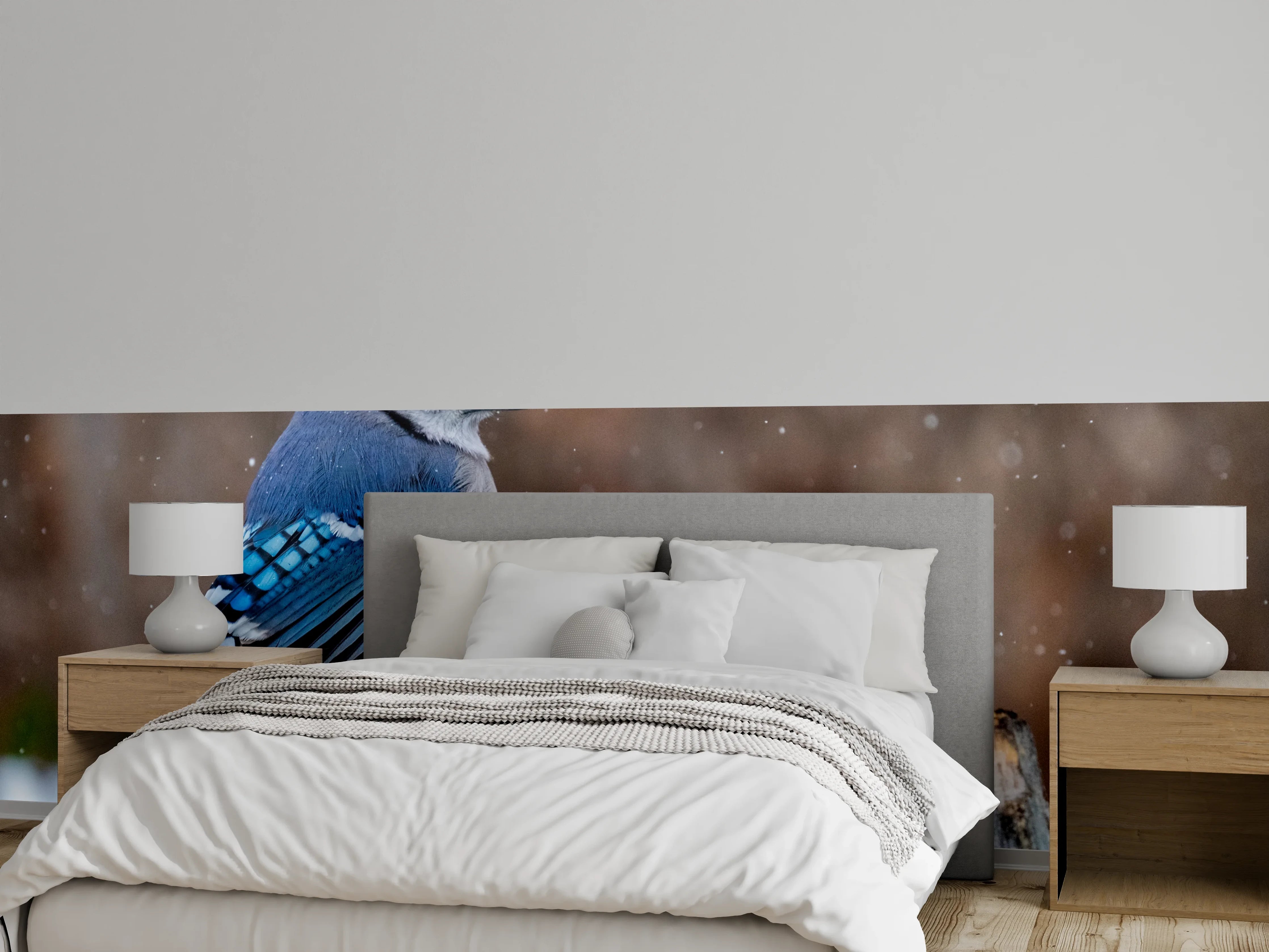 Wandverkleidung Schlafzimmer - Blauhäher im Schnee