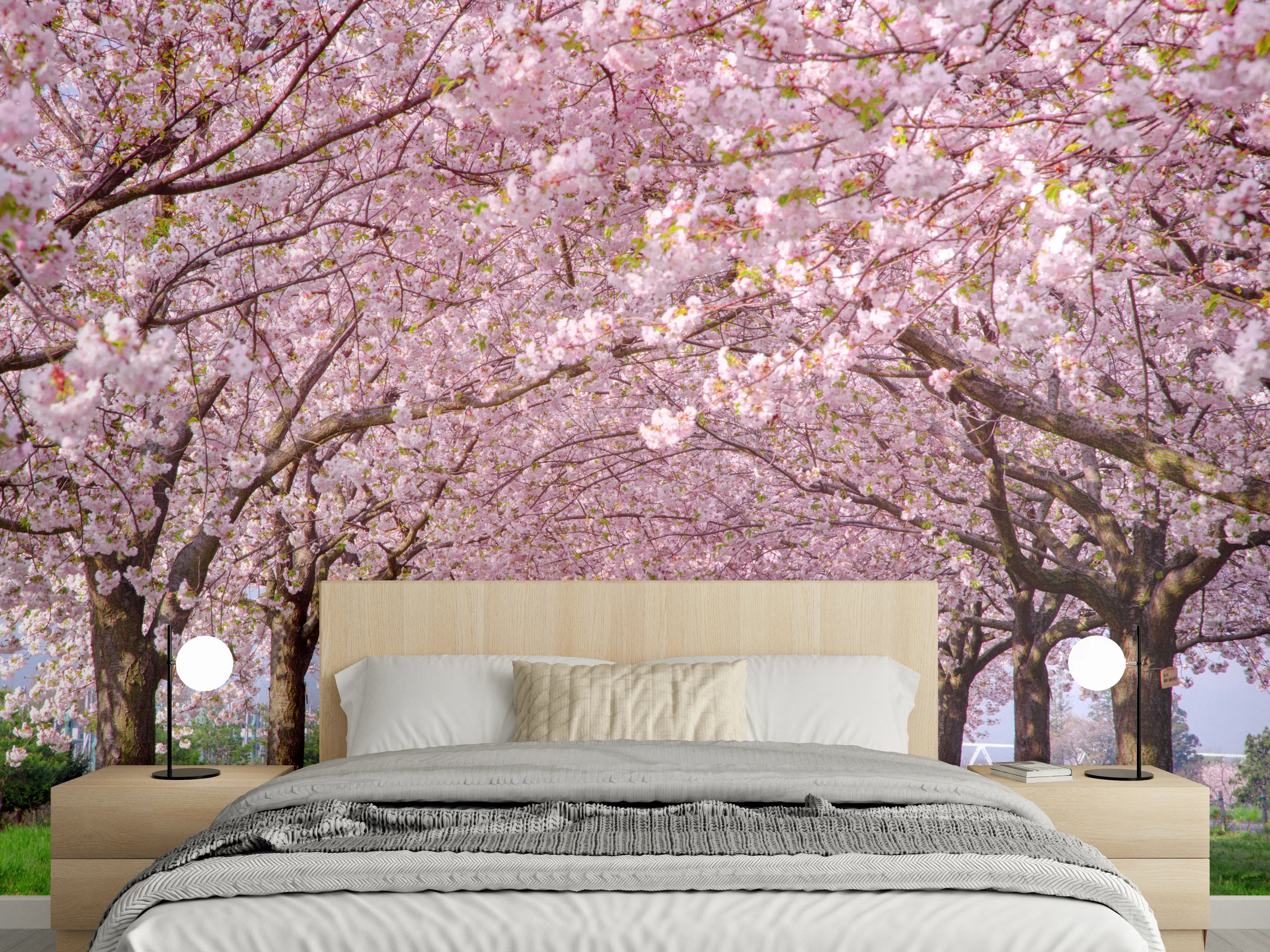 Wandverkleidung Schlafzimmer - Blühende Kirschallee als Wanddekoration