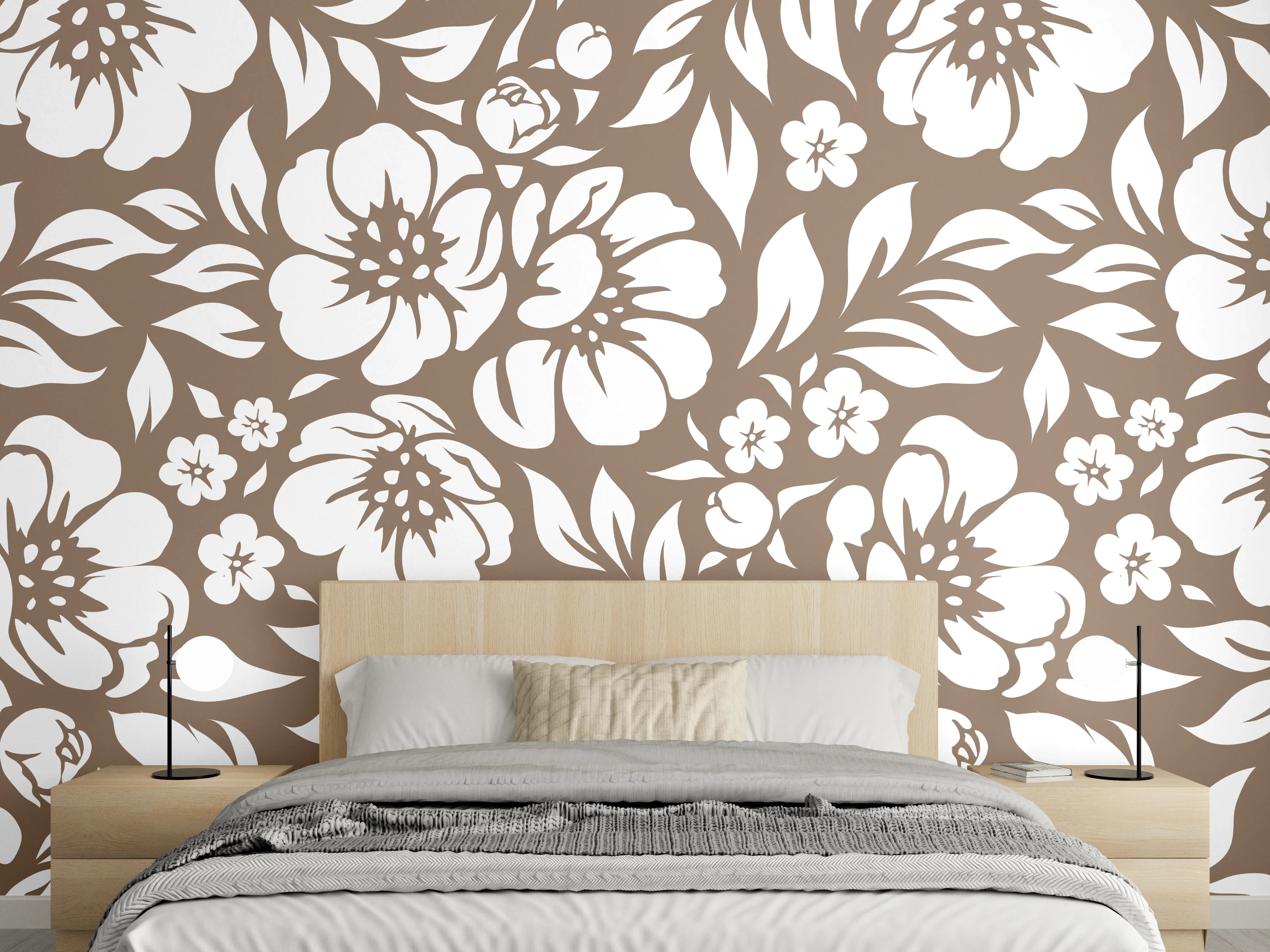 Wandverkleidung Schlafzimmer - Blütenpoesie in Braun und Grauweiß