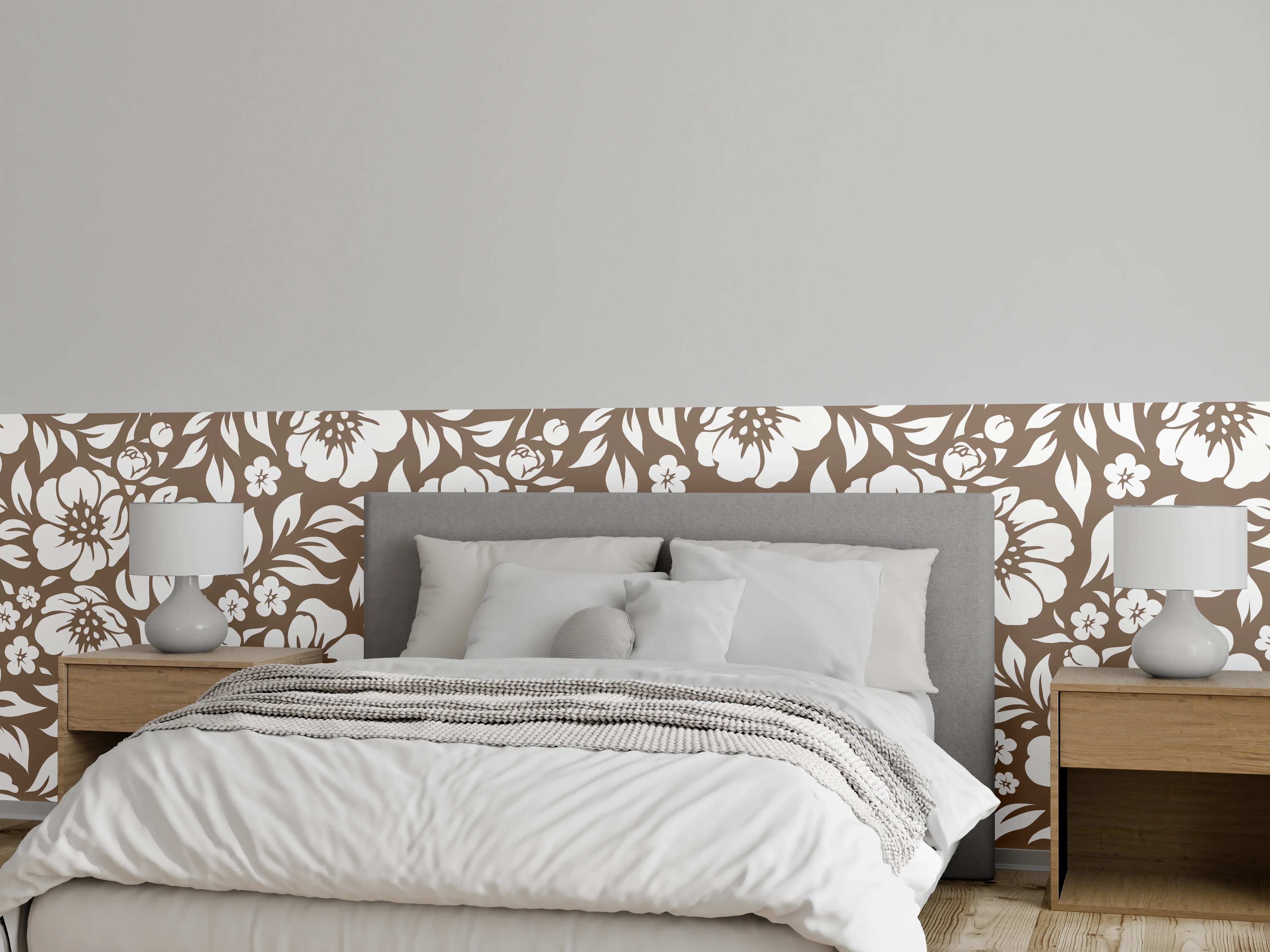 Wandverkleidung Schlafzimmer - Blütenpoesie in Braun und Grauweiß