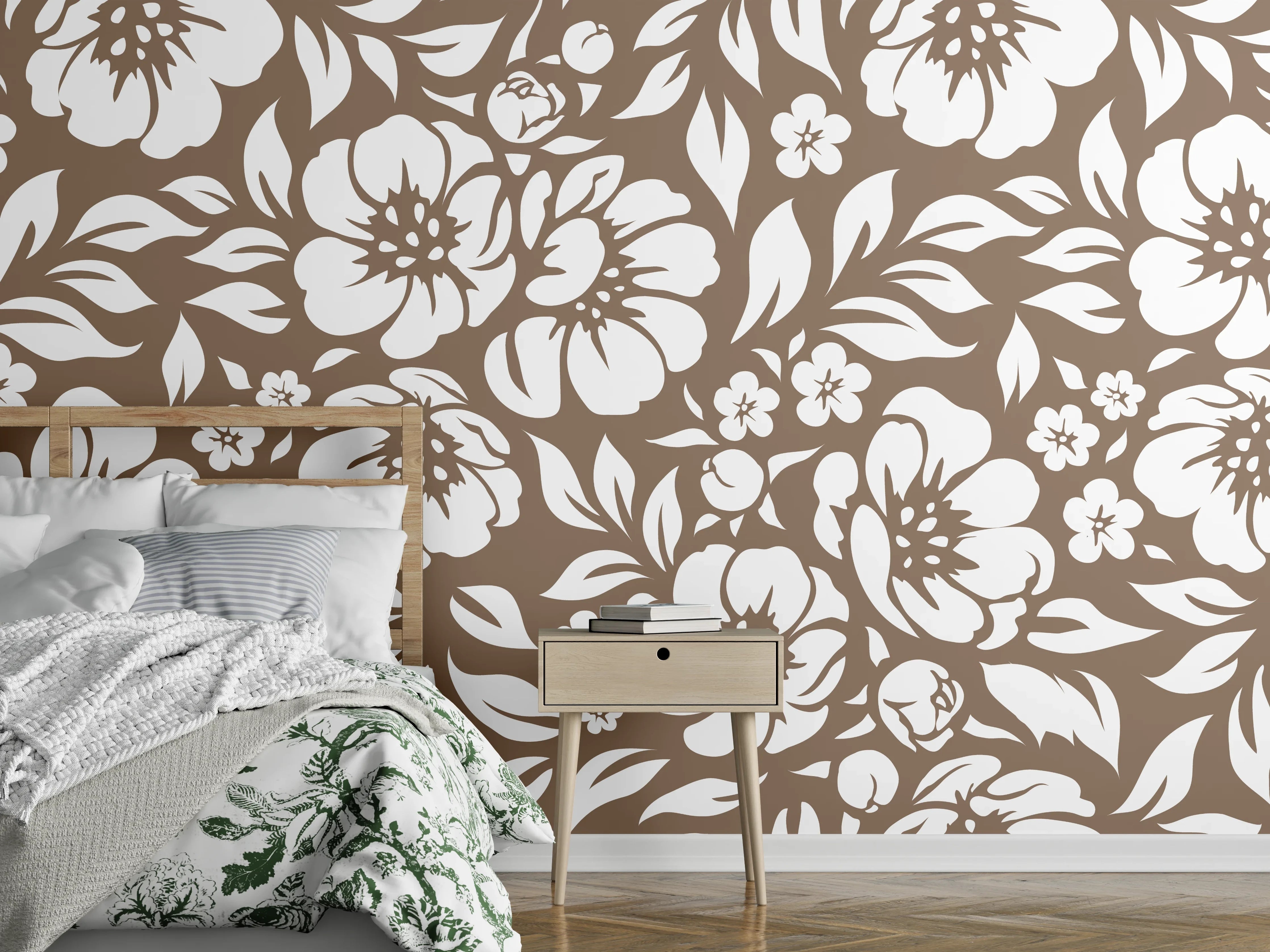 Wandverkleidung Schlafzimmer - Blütenpoesie in Braun und Grauweiß