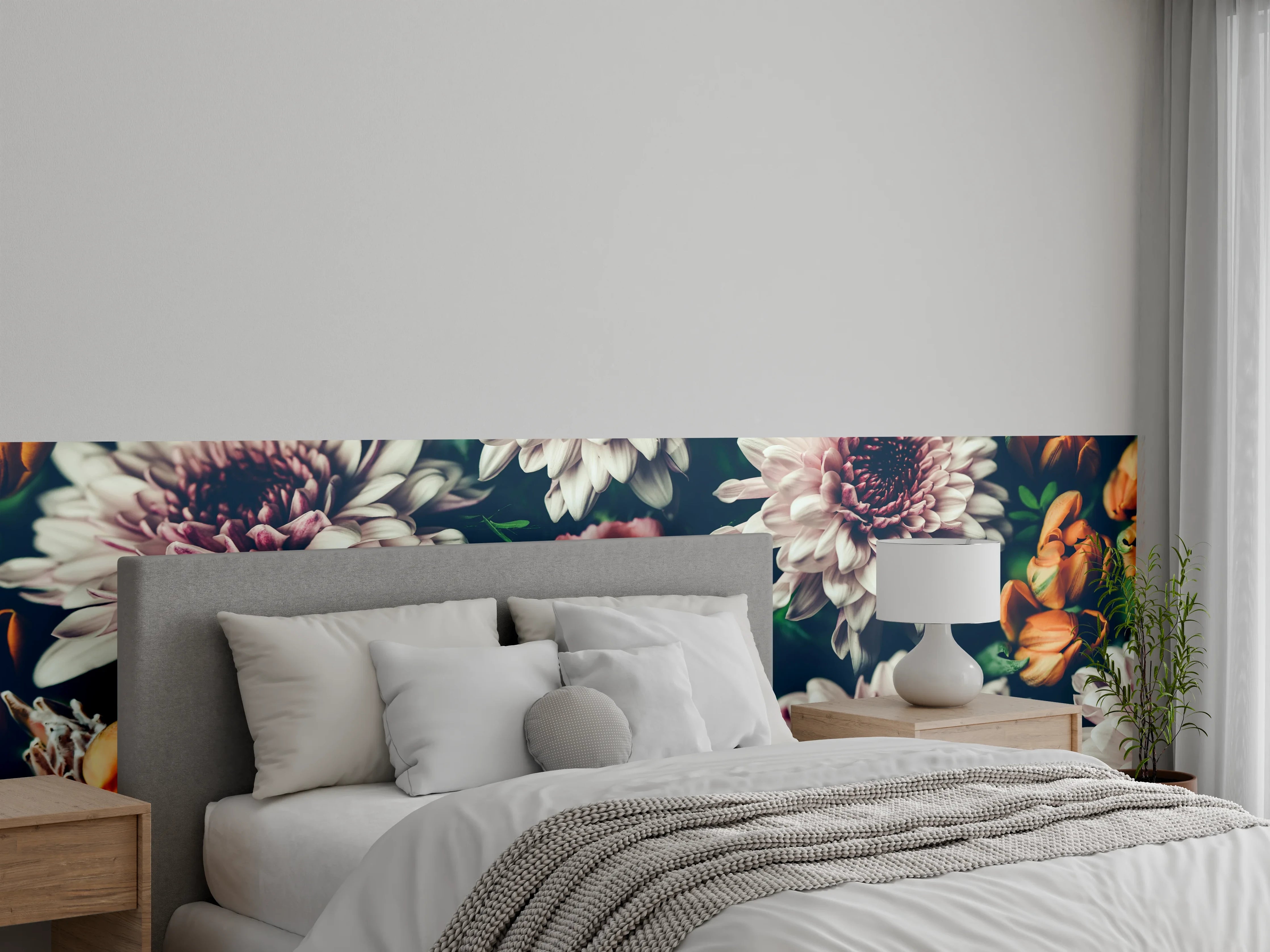 Wandverkleidung Schlafzimmer - Blütenpoesie in Grau und Nacht