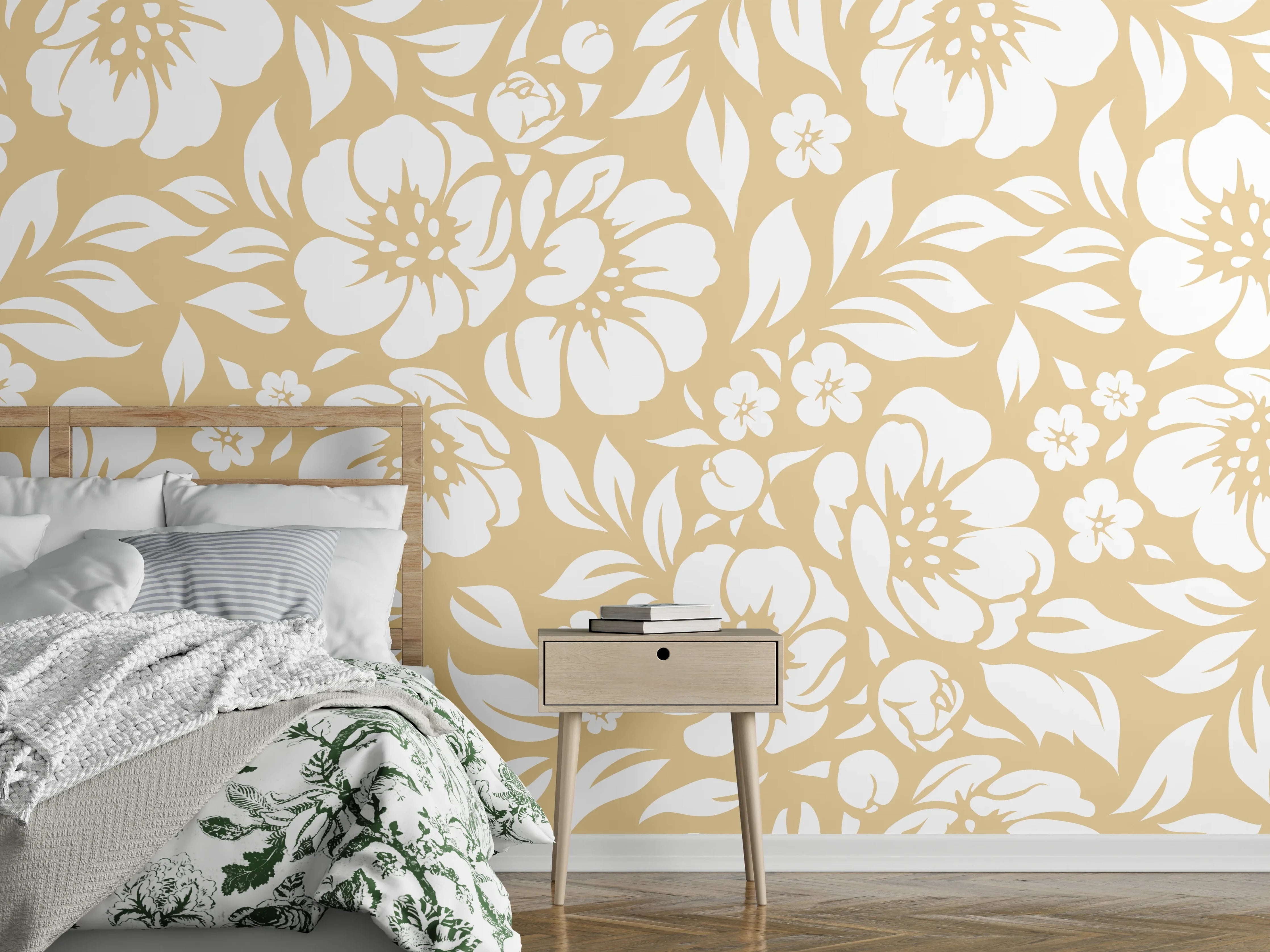 Wandverkleidung Schlafzimmer - Blütenzauber Grau-Beige Wandtapete