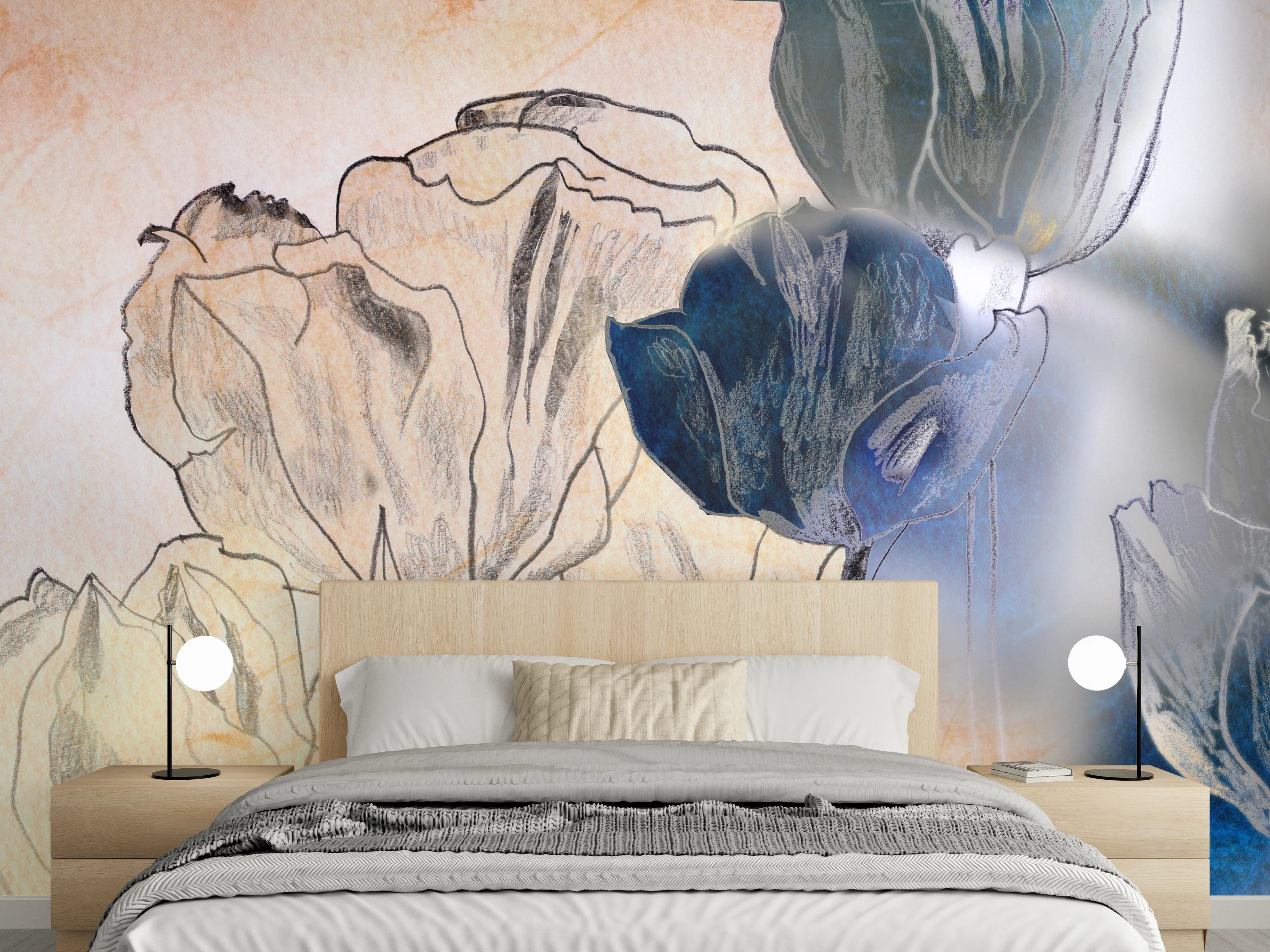 Wandverkleidung Schlafzimmer - Blumen Aquarell-Lineart mit Pastellfarben