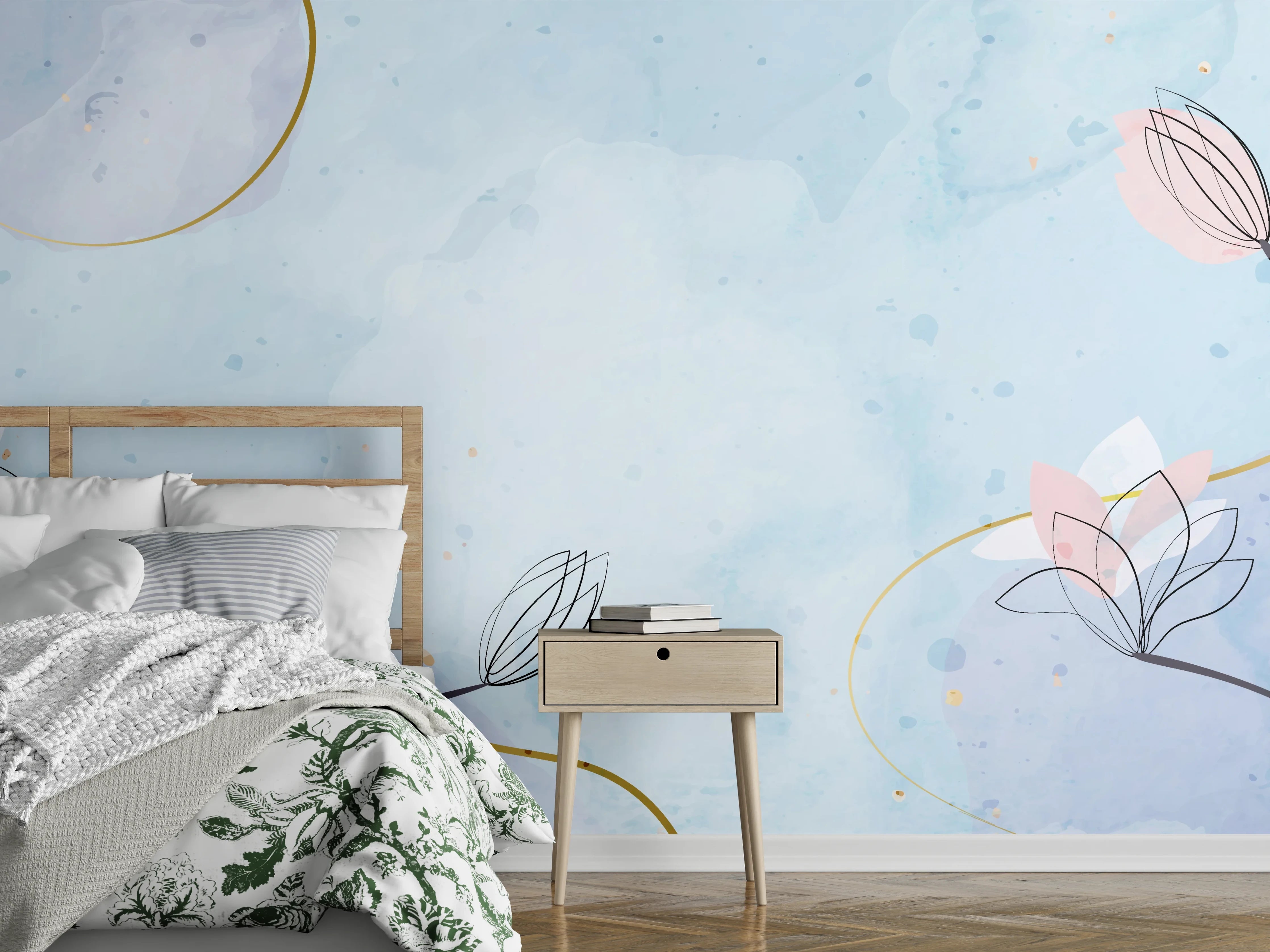 Wandverkleidung Schlafzimmer - Blumen-Aquarell Pastellfarben