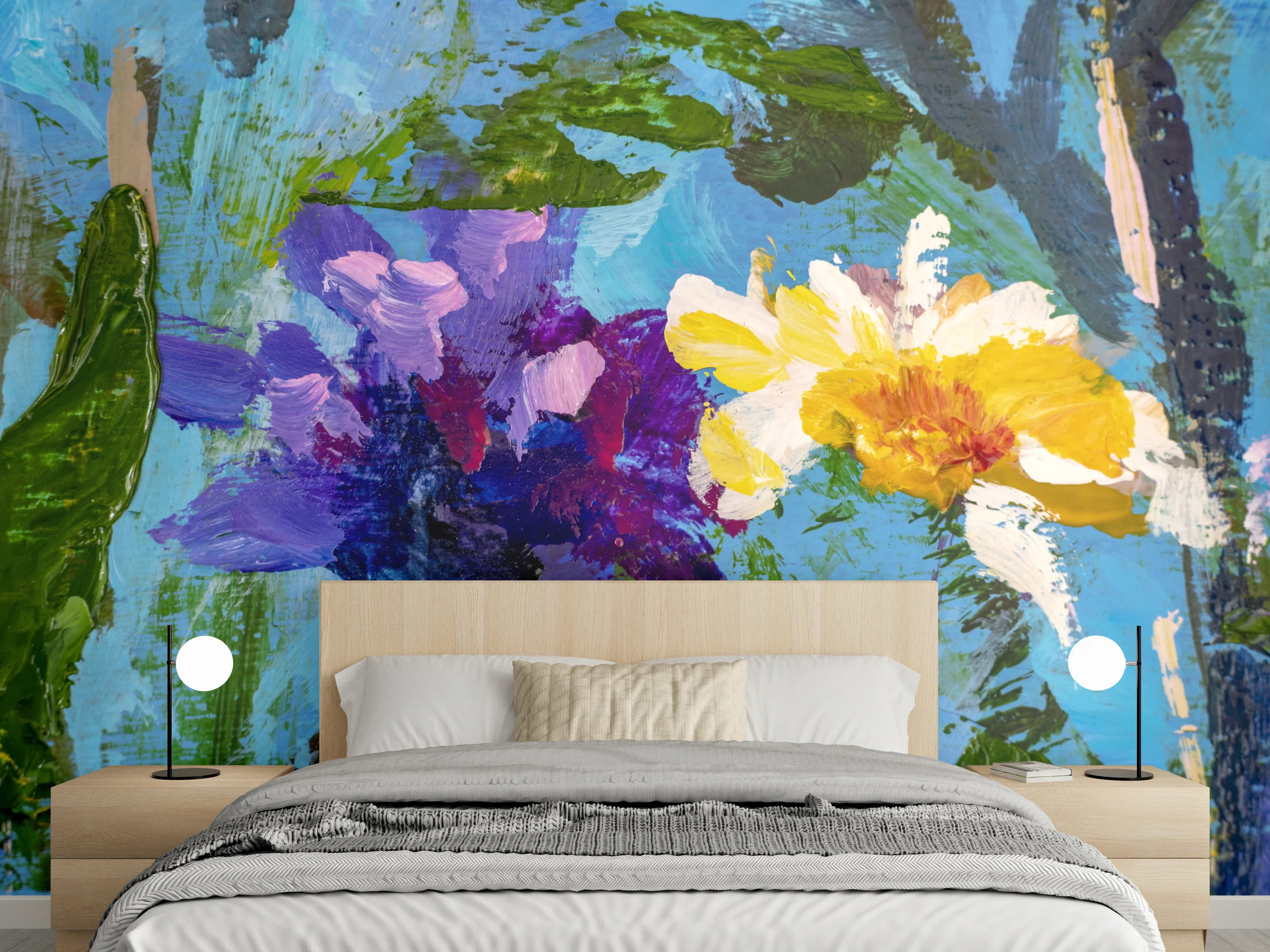Wandverkleidung Schlafzimmer - Blumen Aquarell auf blauem Grund