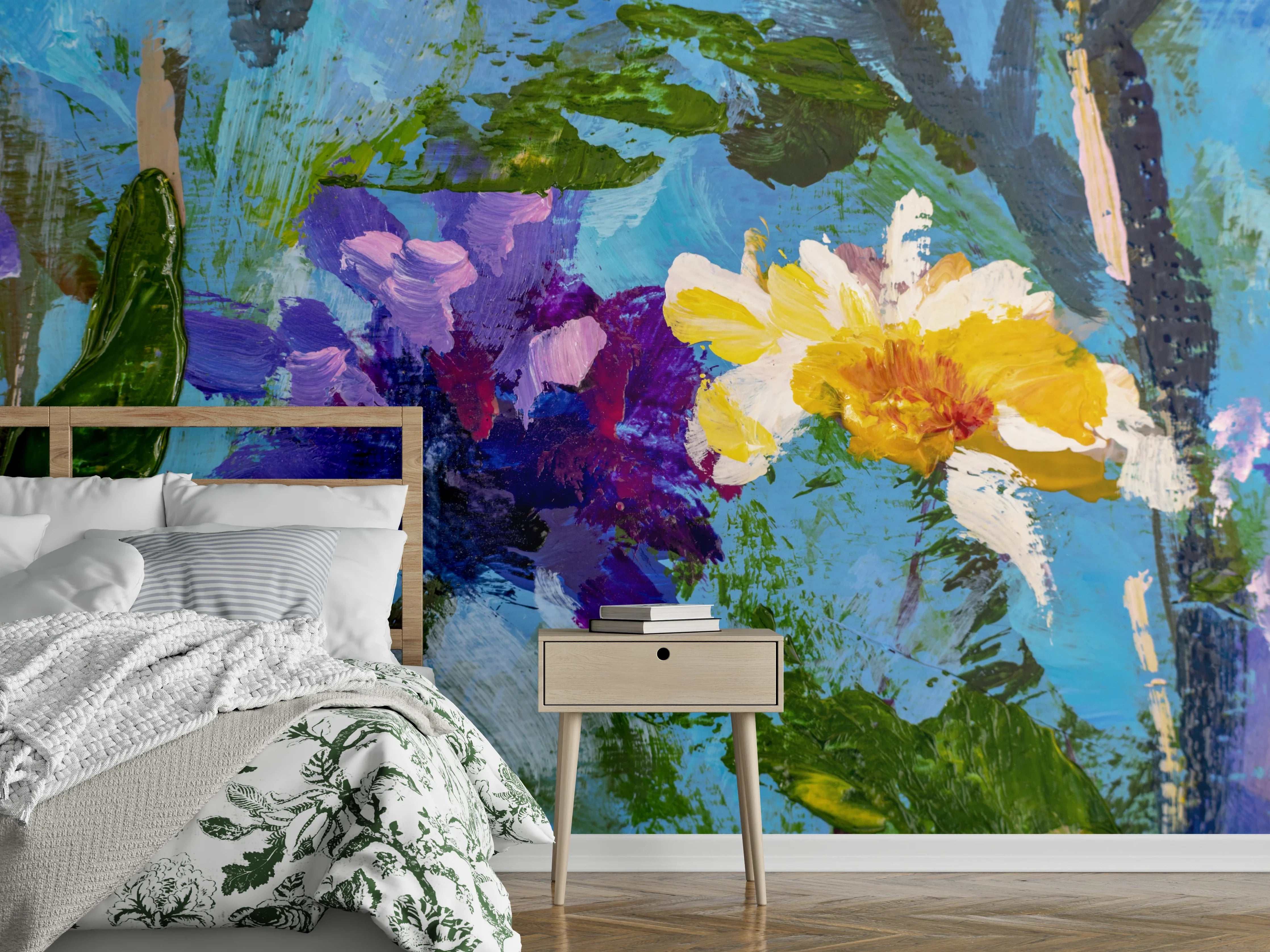 Wandverkleidung Schlafzimmer - Blumen Aquarell auf blauem Grund