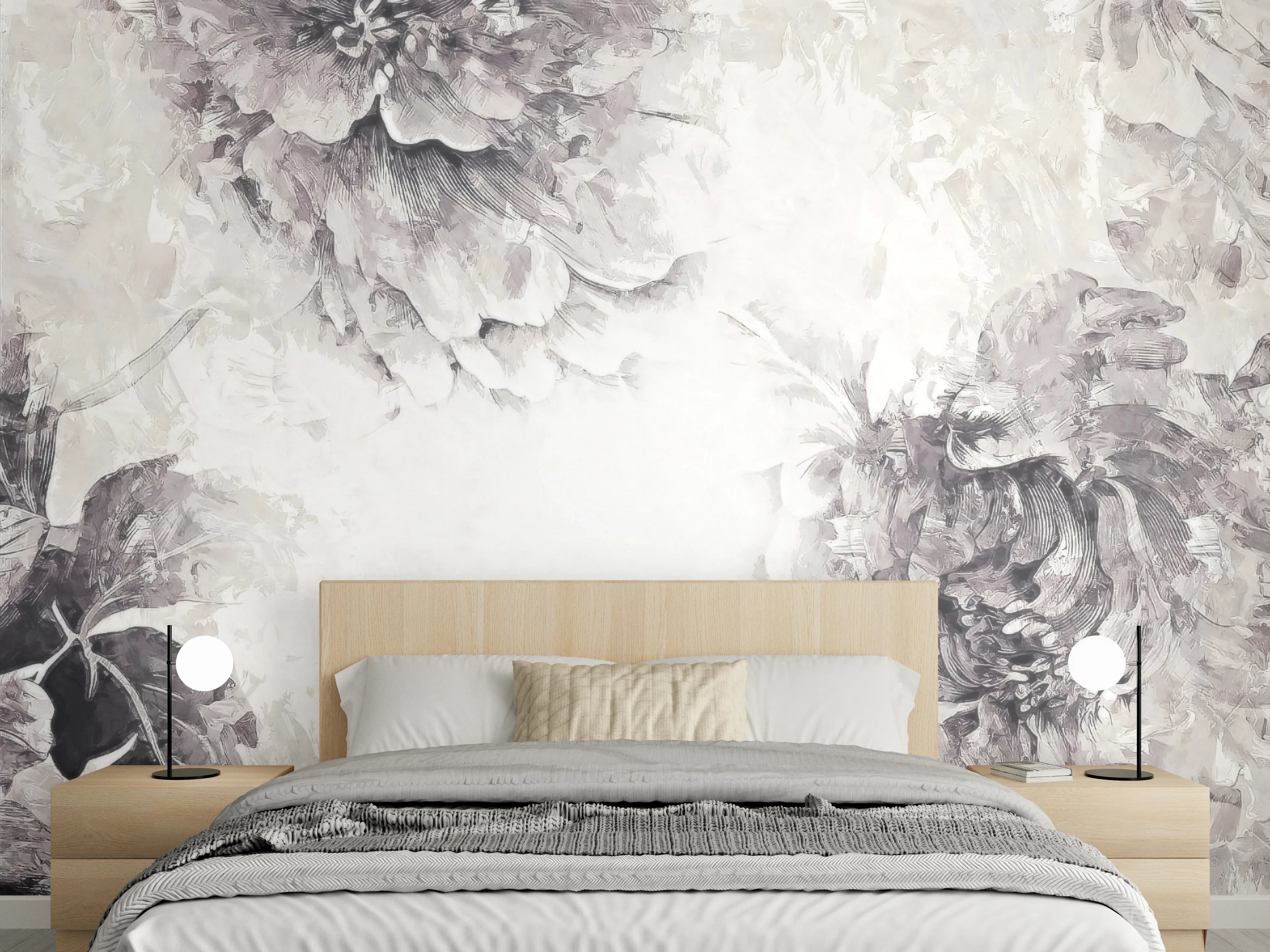 Wandverkleidung Schlafzimmer - Blumen-Aquarell in Schwarz-Weiß-Optik
