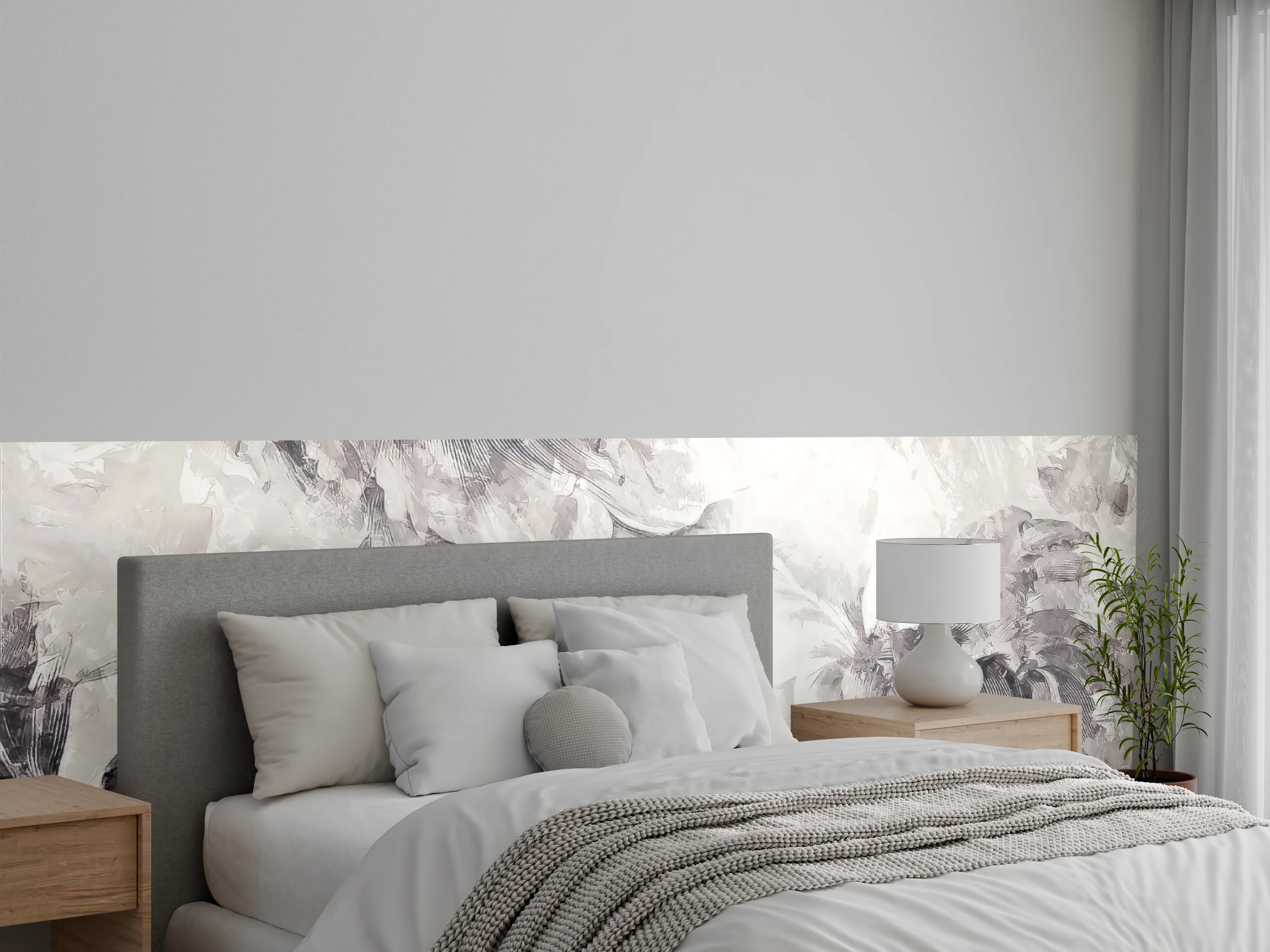 Wandverkleidung Schlafzimmer - Blumen-Aquarell in Schwarz-Weiß-Optik