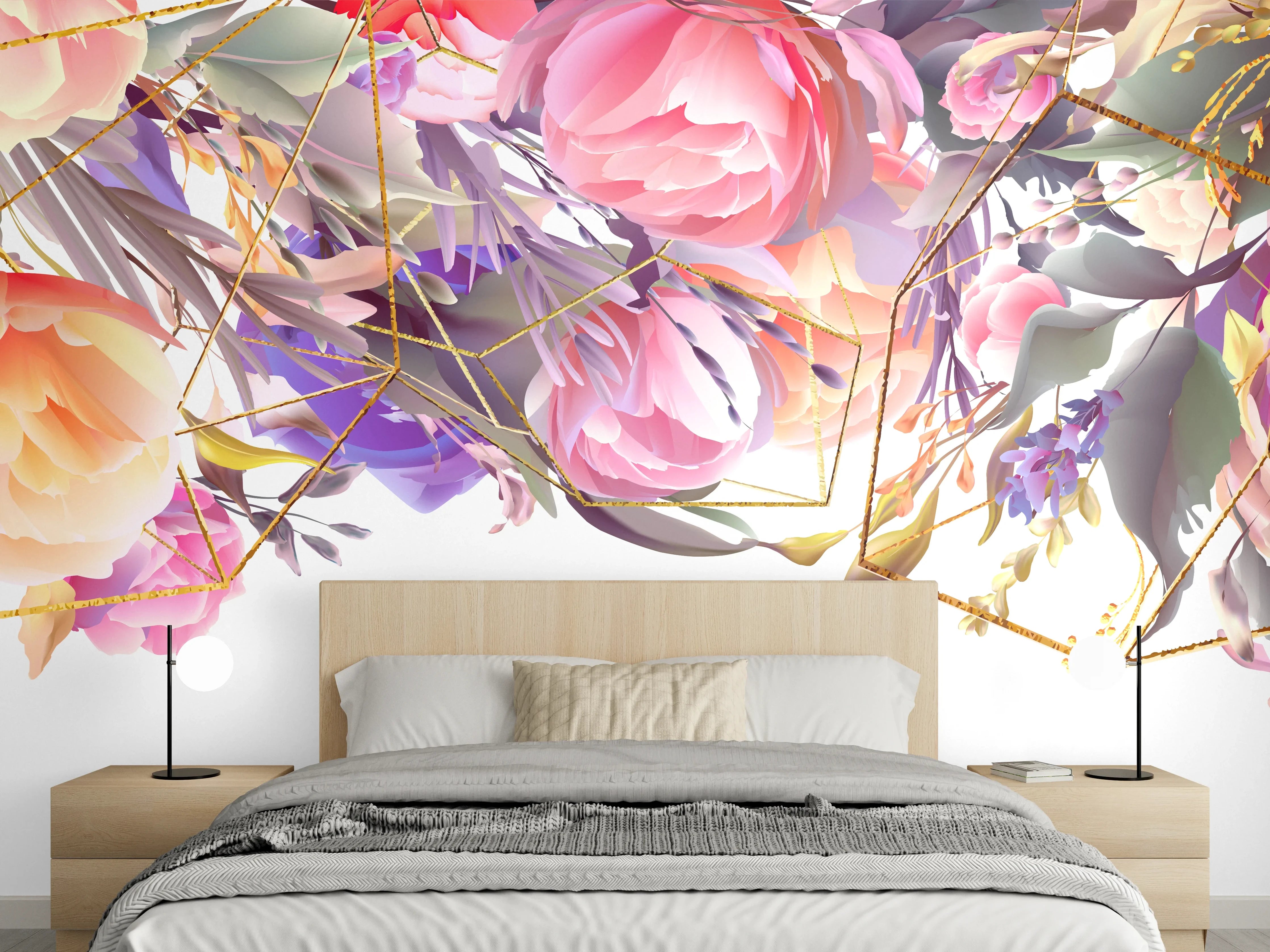Wandverkleidung Schlafzimmer - Blumen-Muster Abstrakt Gold
