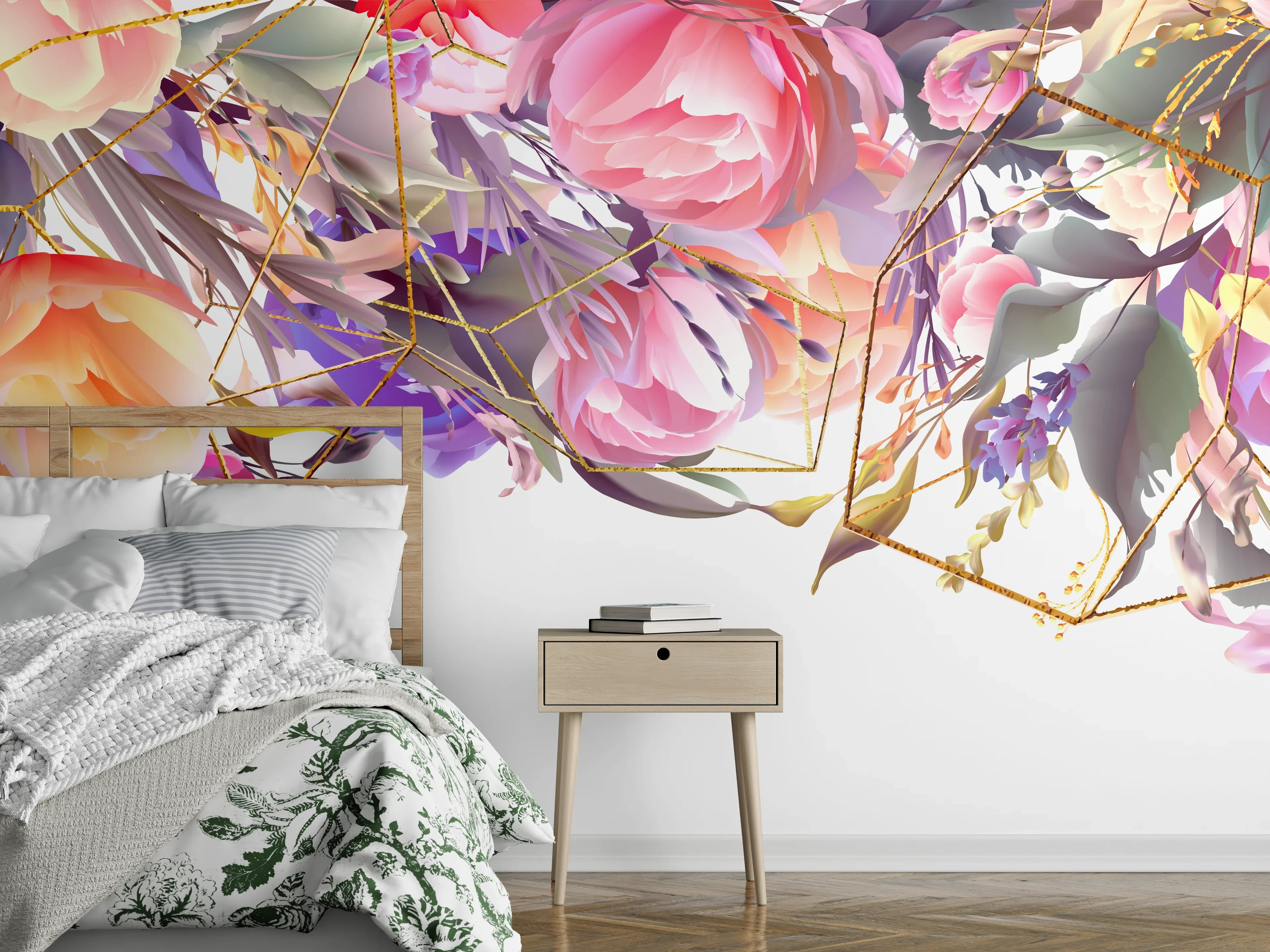 Wandverkleidung Schlafzimmer - Blumen-Muster Abstrakt Gold