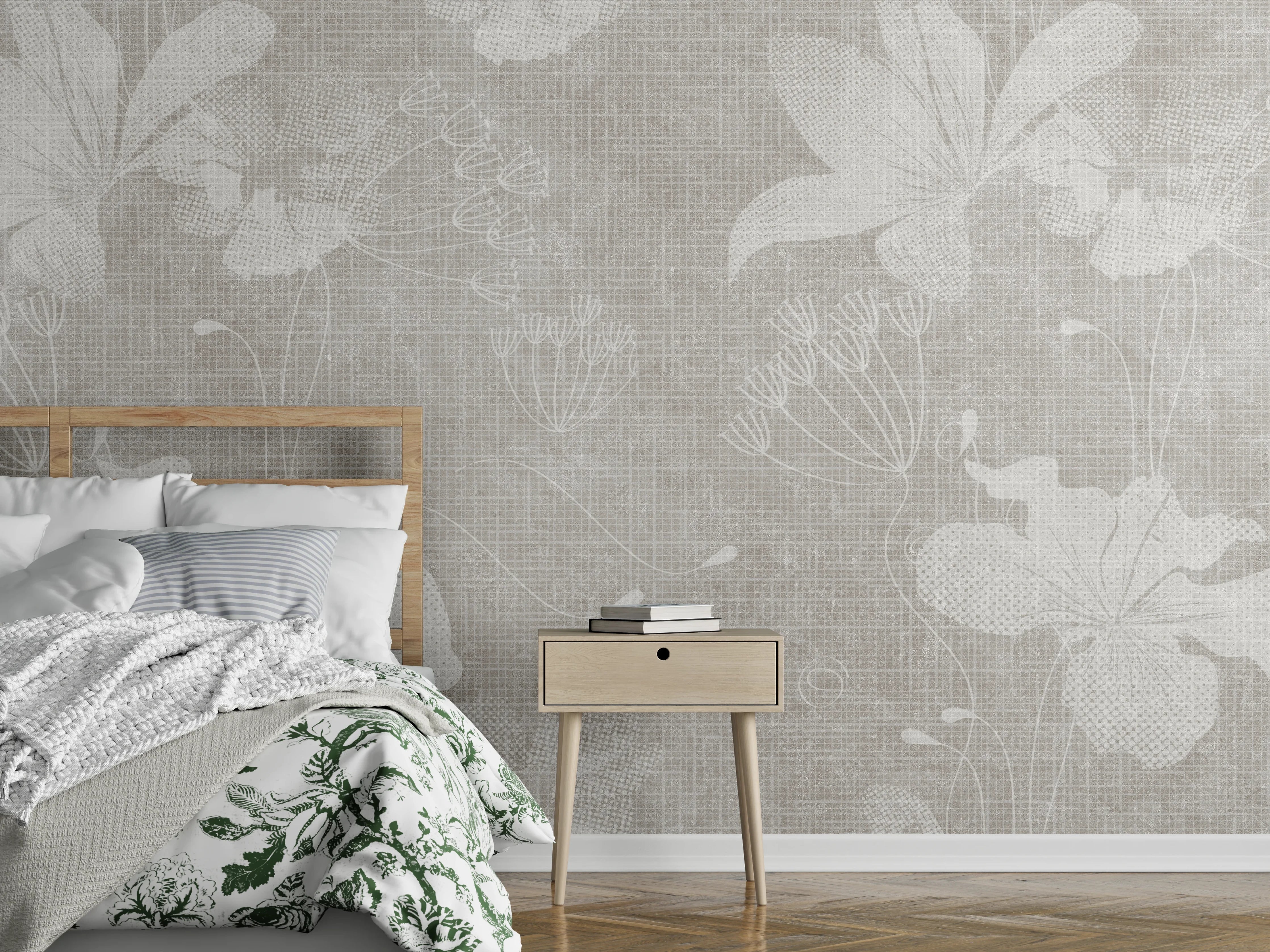 Wandverkleidung Schlafzimmer - Blumen auf weißem Wandhintergrund