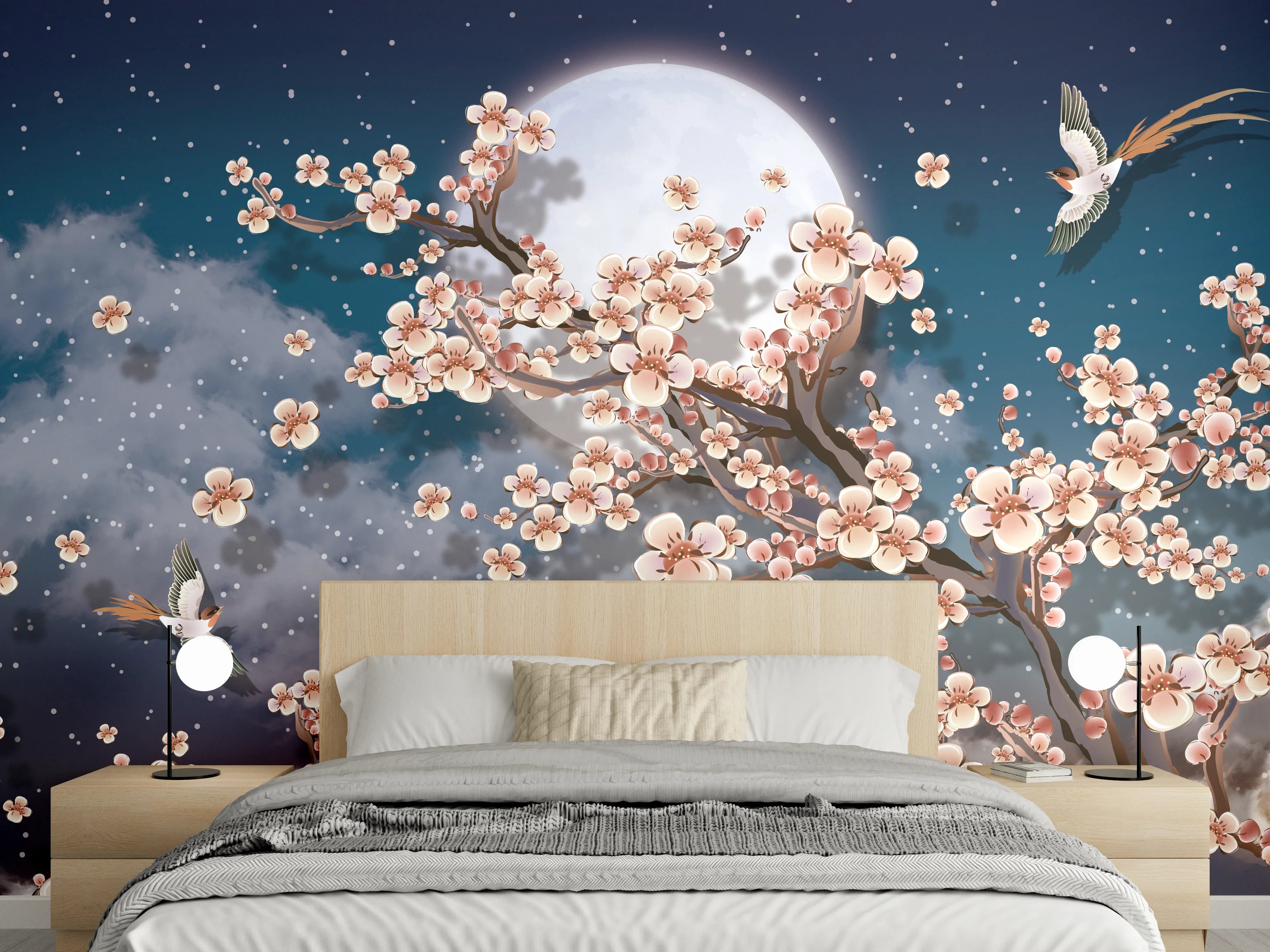 Wandverkleidung Schlafzimmer - Blumen und Vögel - Floral