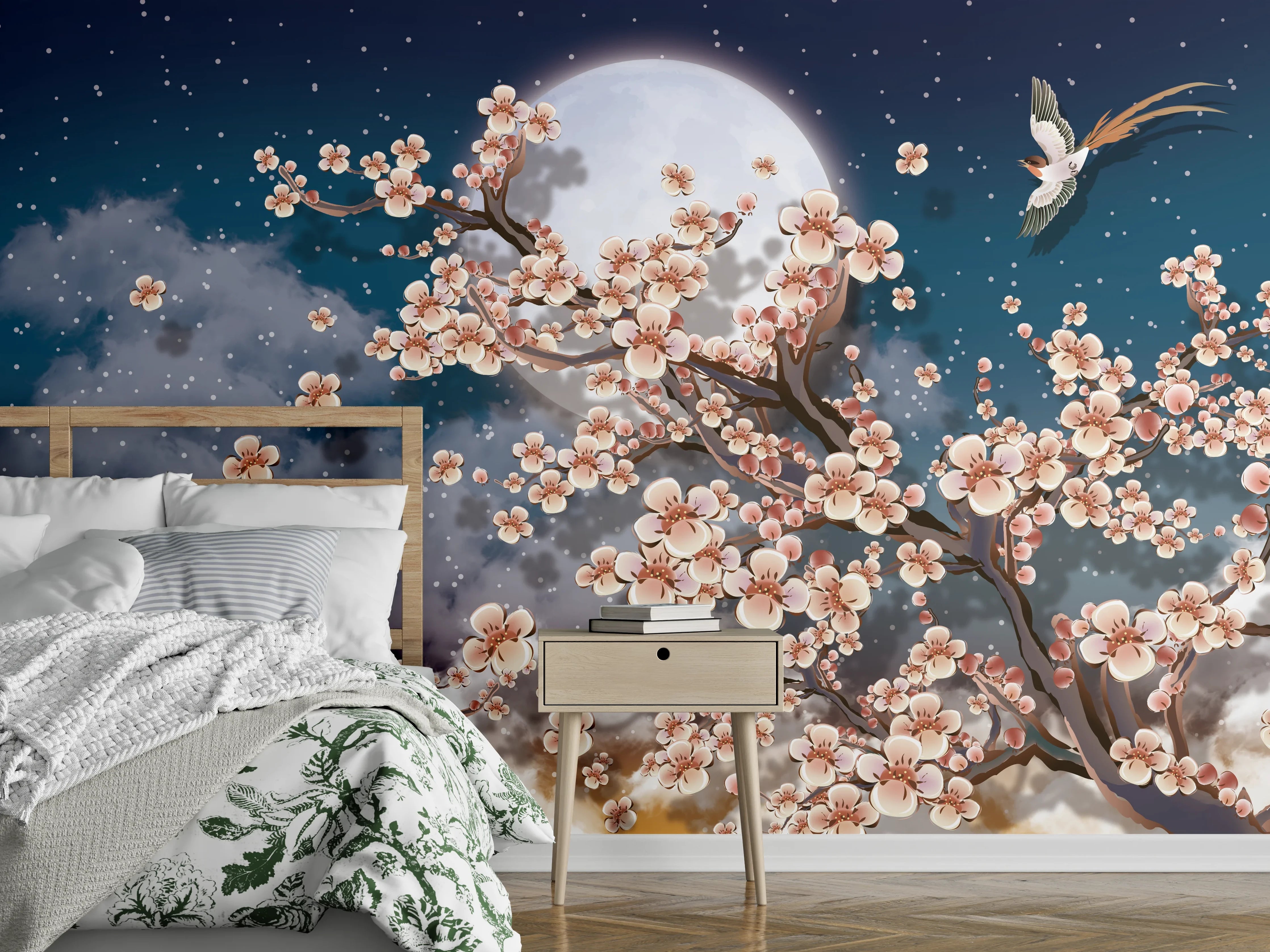 Wandverkleidung Schlafzimmer - Blumen und Vögel - Floral