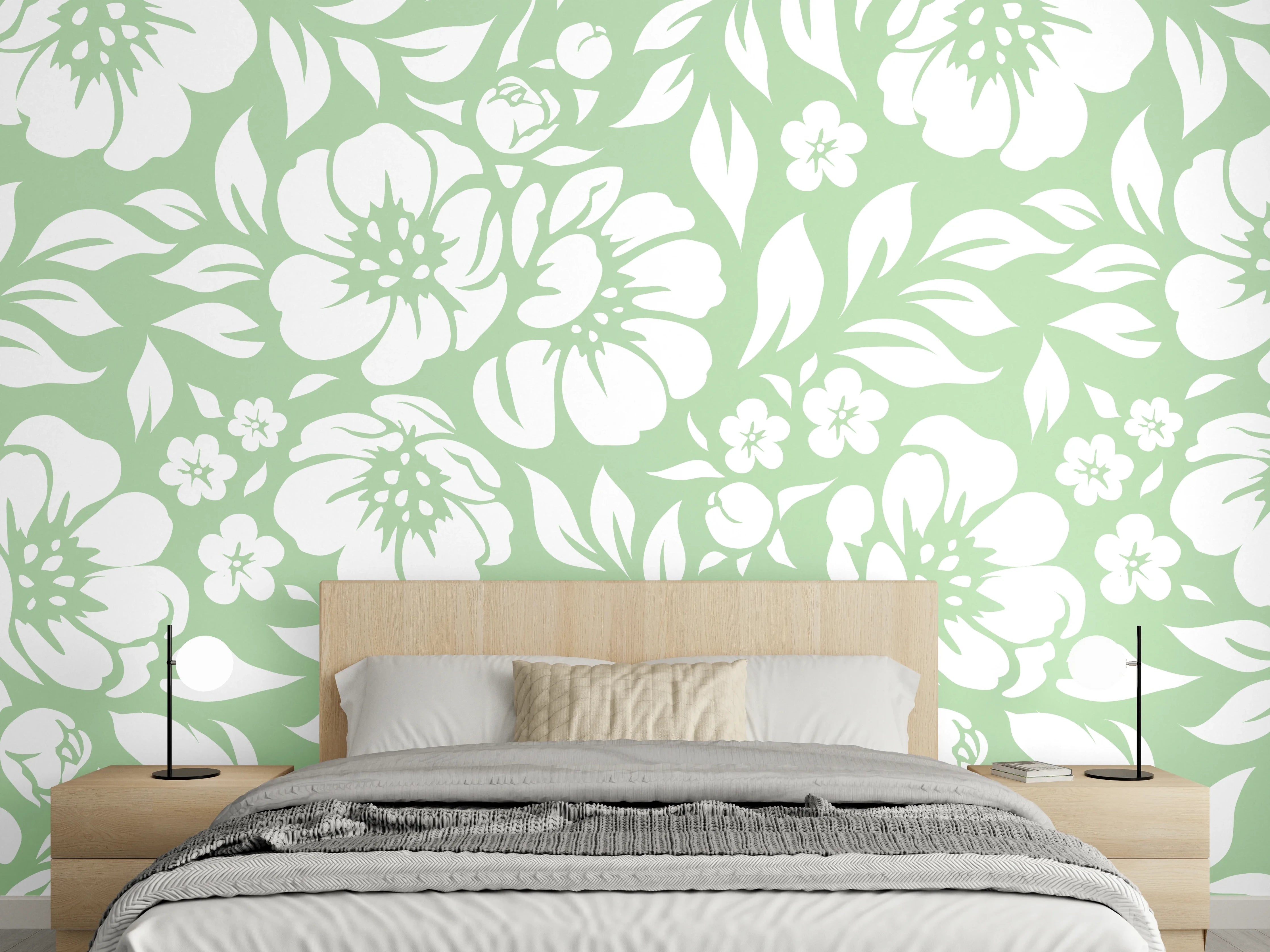 Wandverkleidung Schlafzimmer - Blumendesign in zarten Grüntönen
