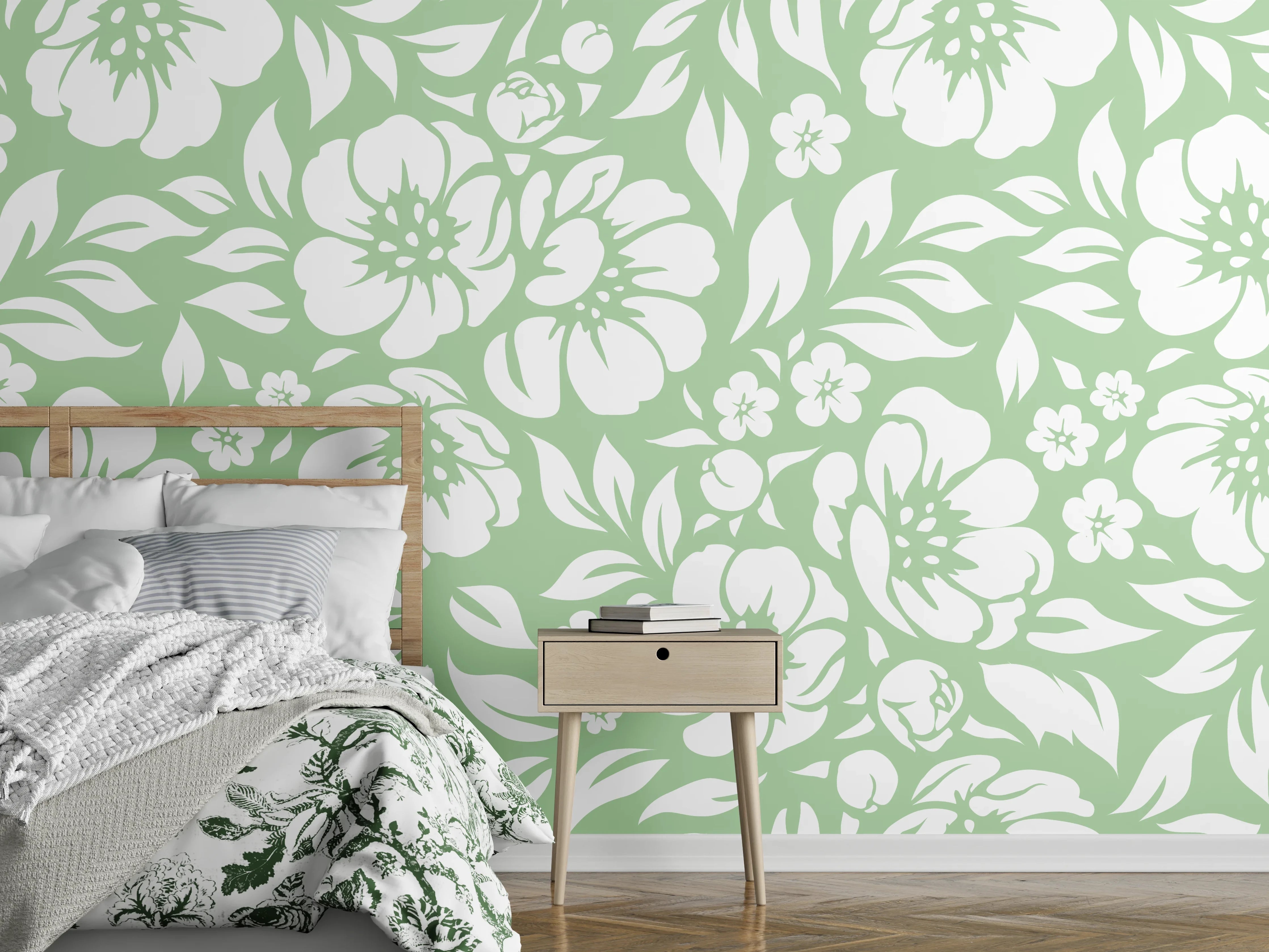 Wandverkleidung Schlafzimmer - Blumendesign in zarten Grüntönen