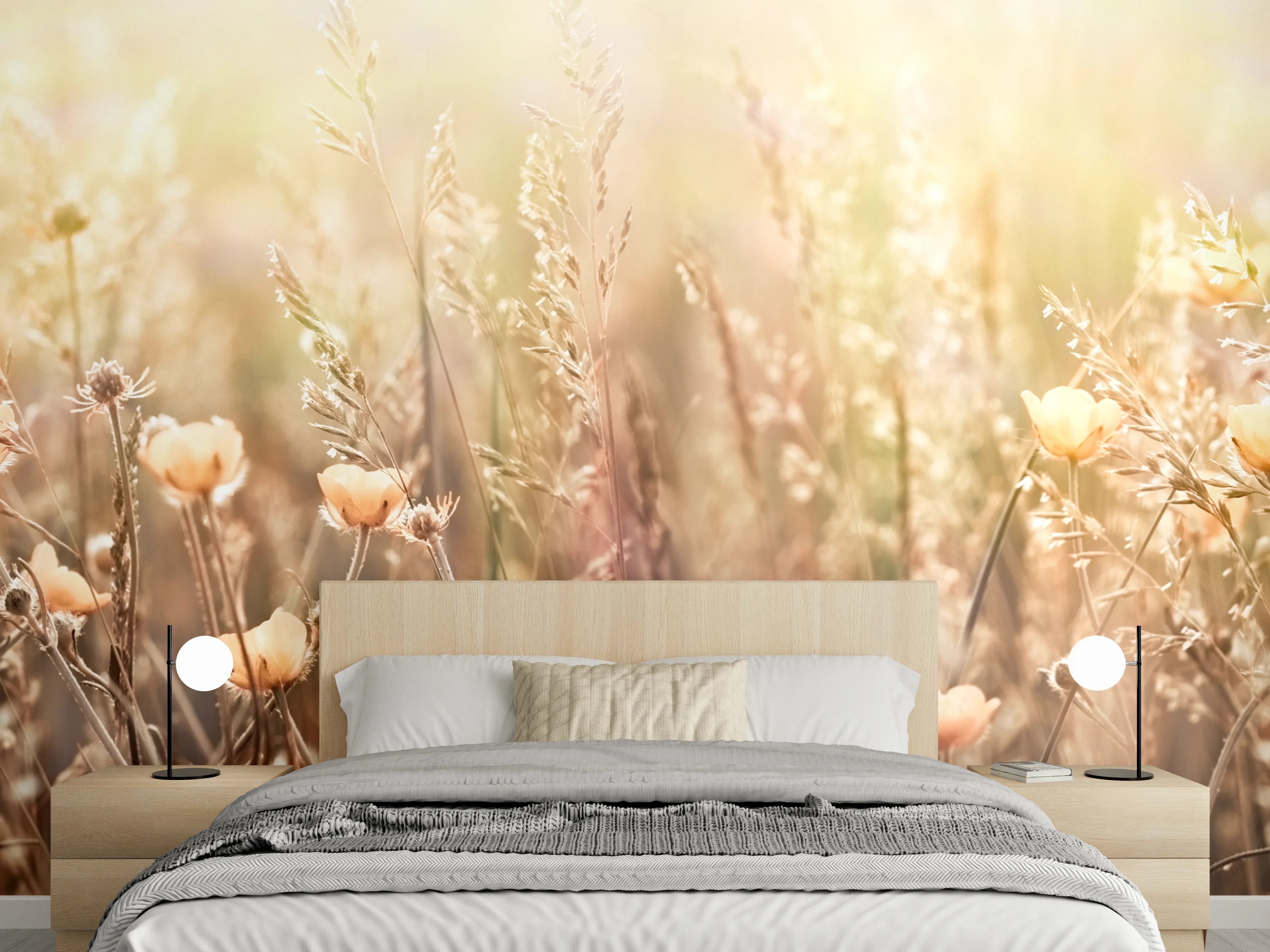 Wandverkleidung Schlafzimmer - Blumenfeld mit Sonnenstrahlen