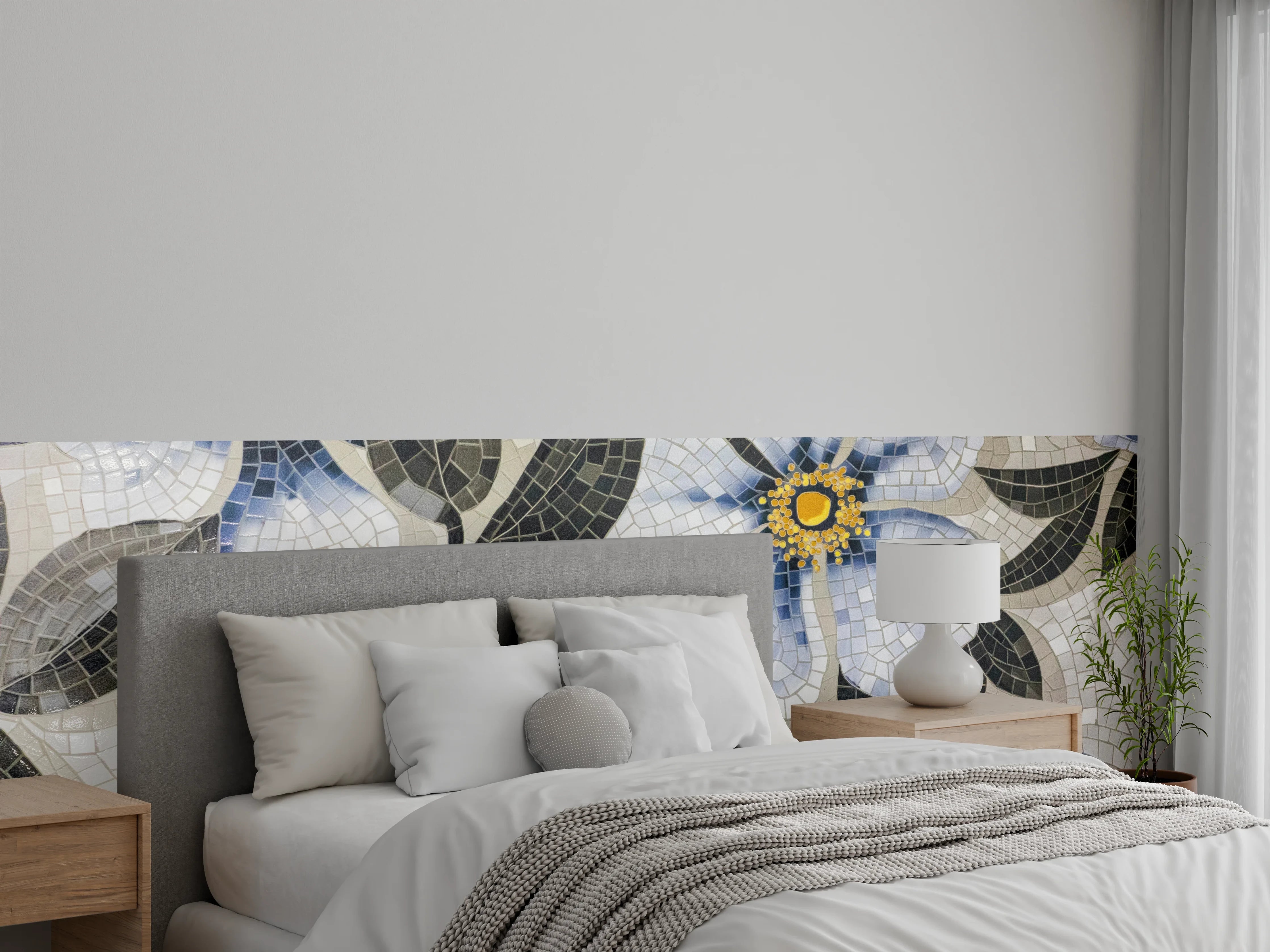 Wandverkleidung Schlafzimmer - Blumenmosaik in Blau, Weiß und Gelb