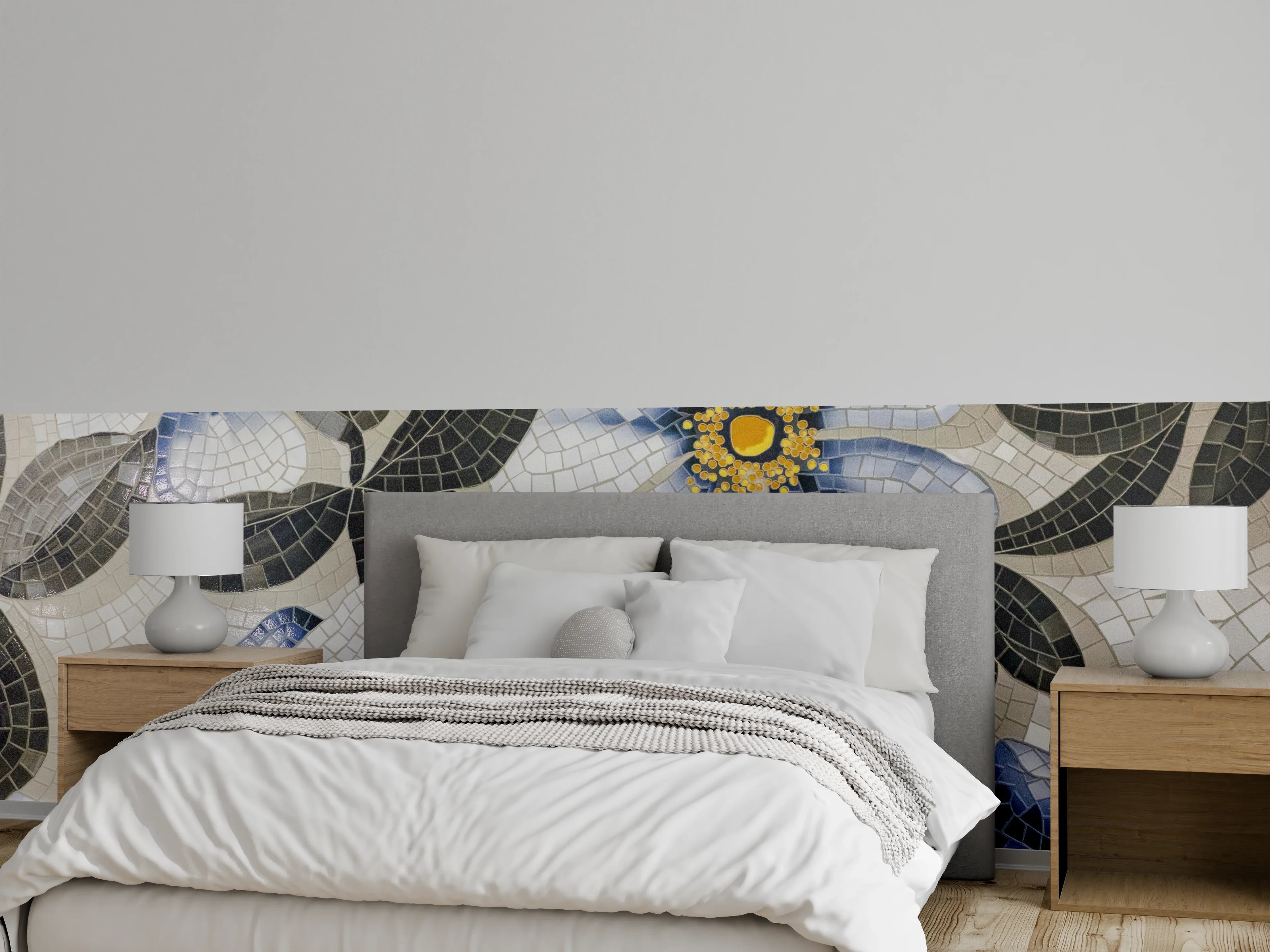 Wandverkleidung Schlafzimmer - Blumenmosaik in Blau, Weiß und Gelb