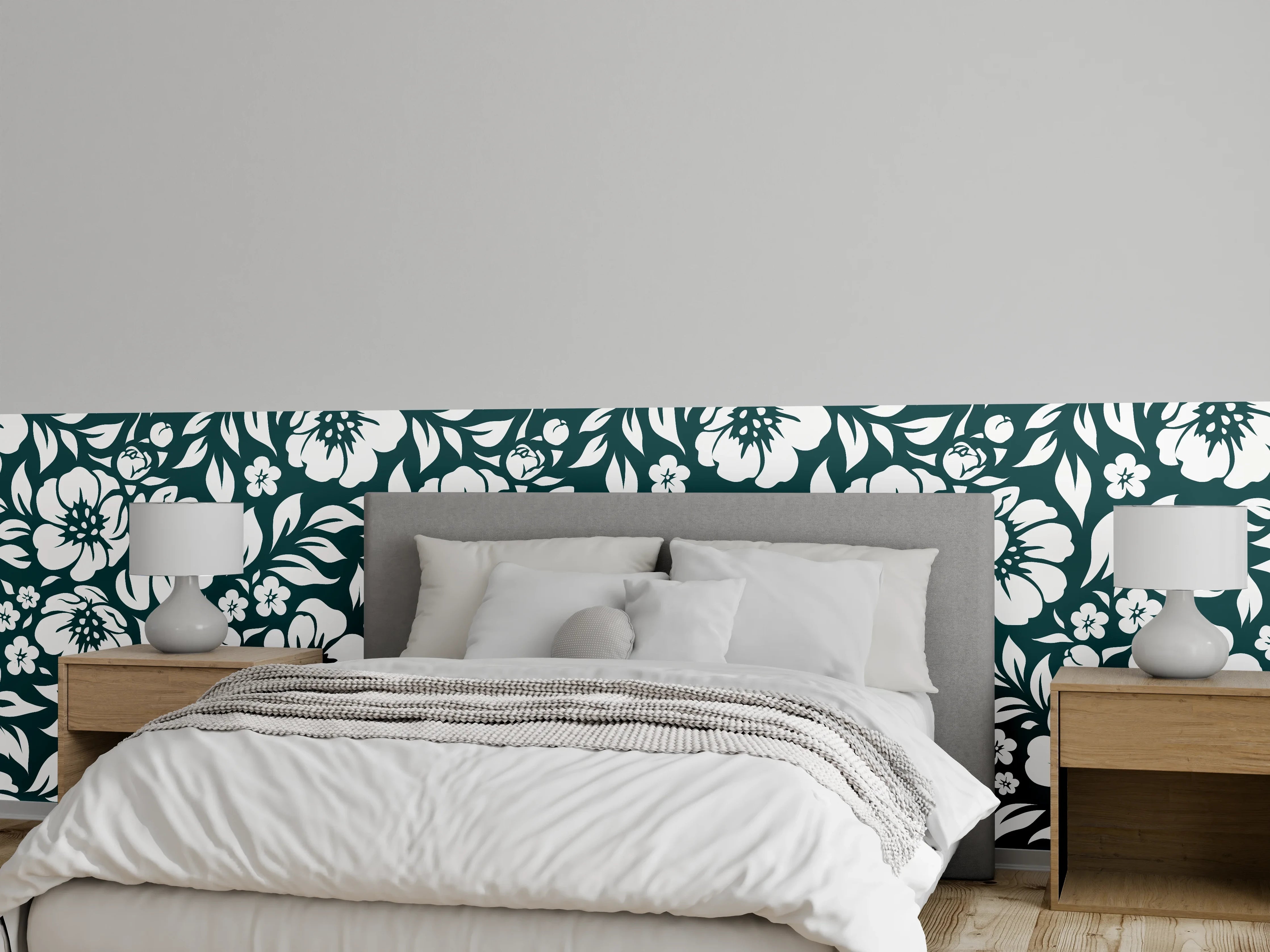 Wandverkleidung Schlafzimmer - Blumenmuster in Dunkelblau und Weiß