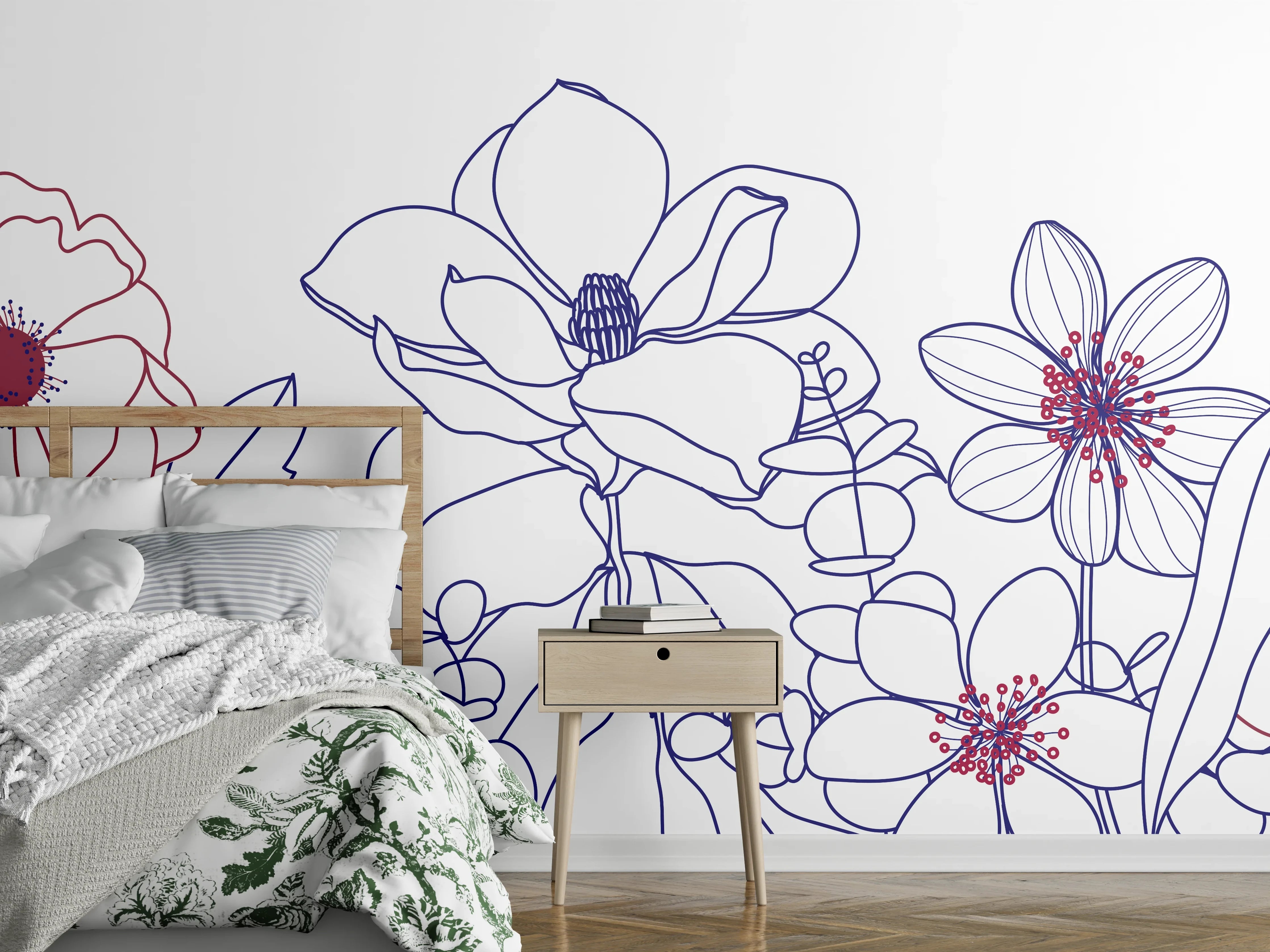 Wandverkleidung Schlafzimmer - Blumenstrauß Linienzeichnung Wanddekor