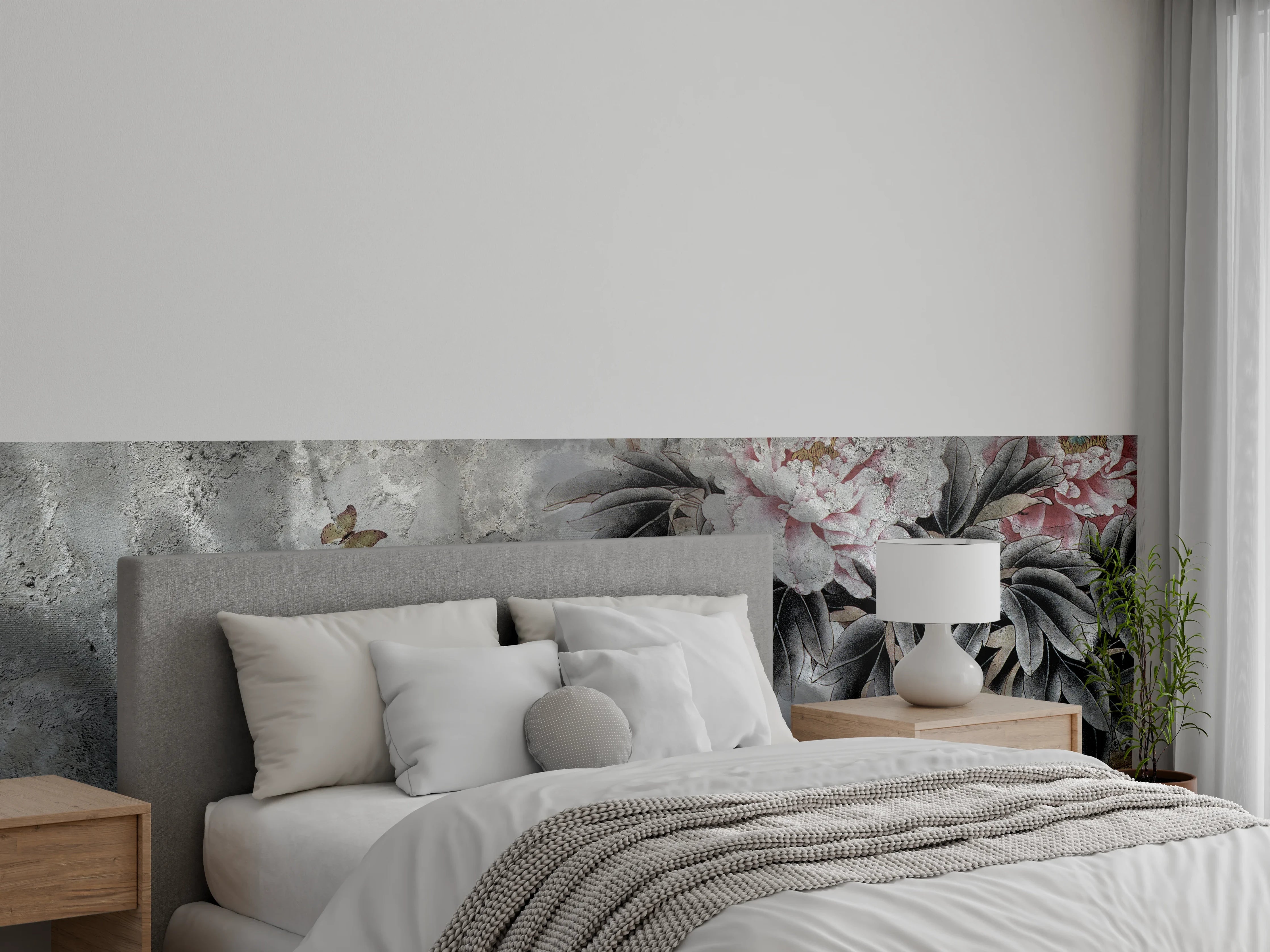 Wandverkleidung Schlafzimmer - Blumenstrauß abgebildet auf Beton