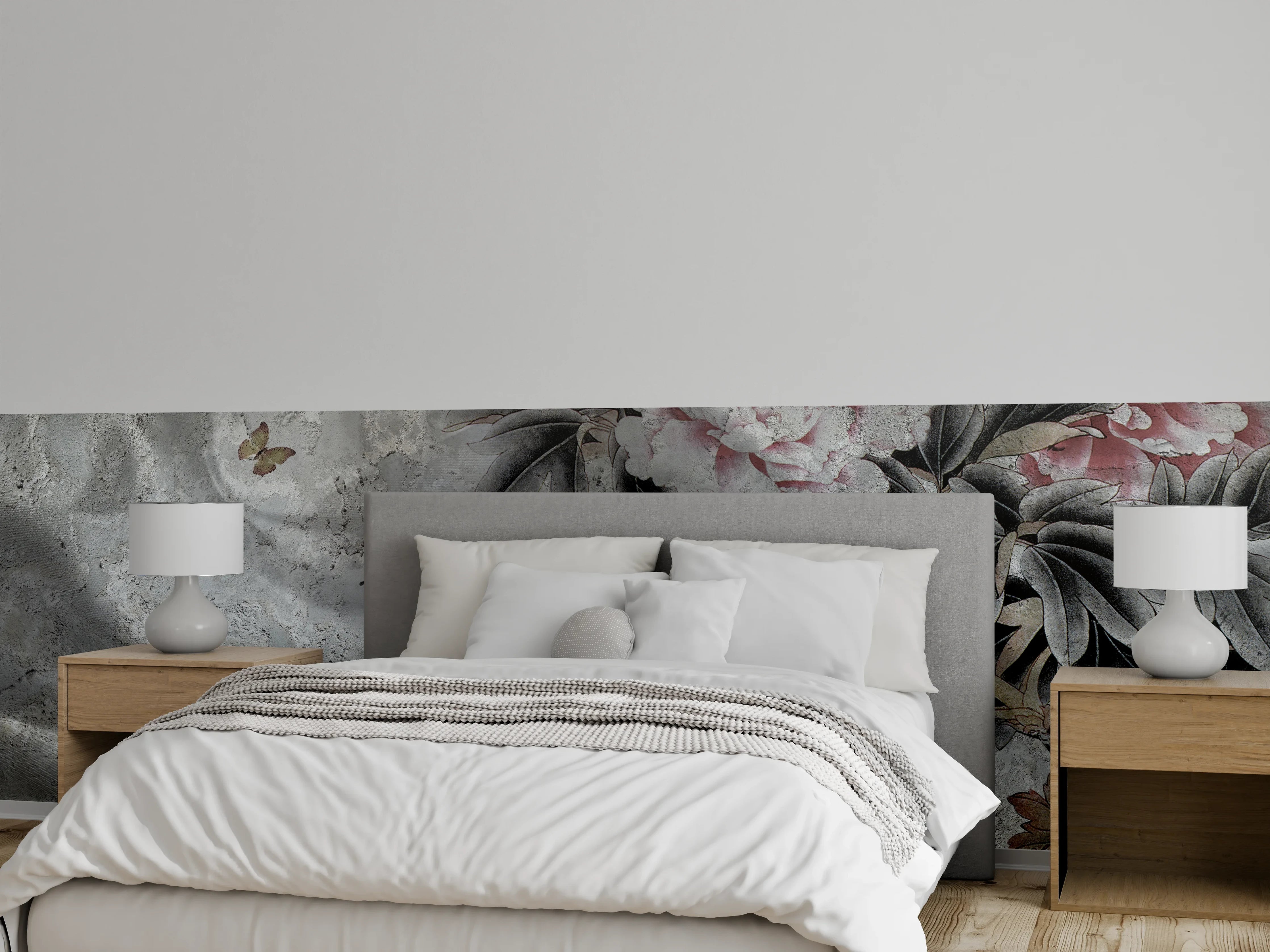 Wandverkleidung Schlafzimmer - Blumenstrauß abgebildet auf Beton