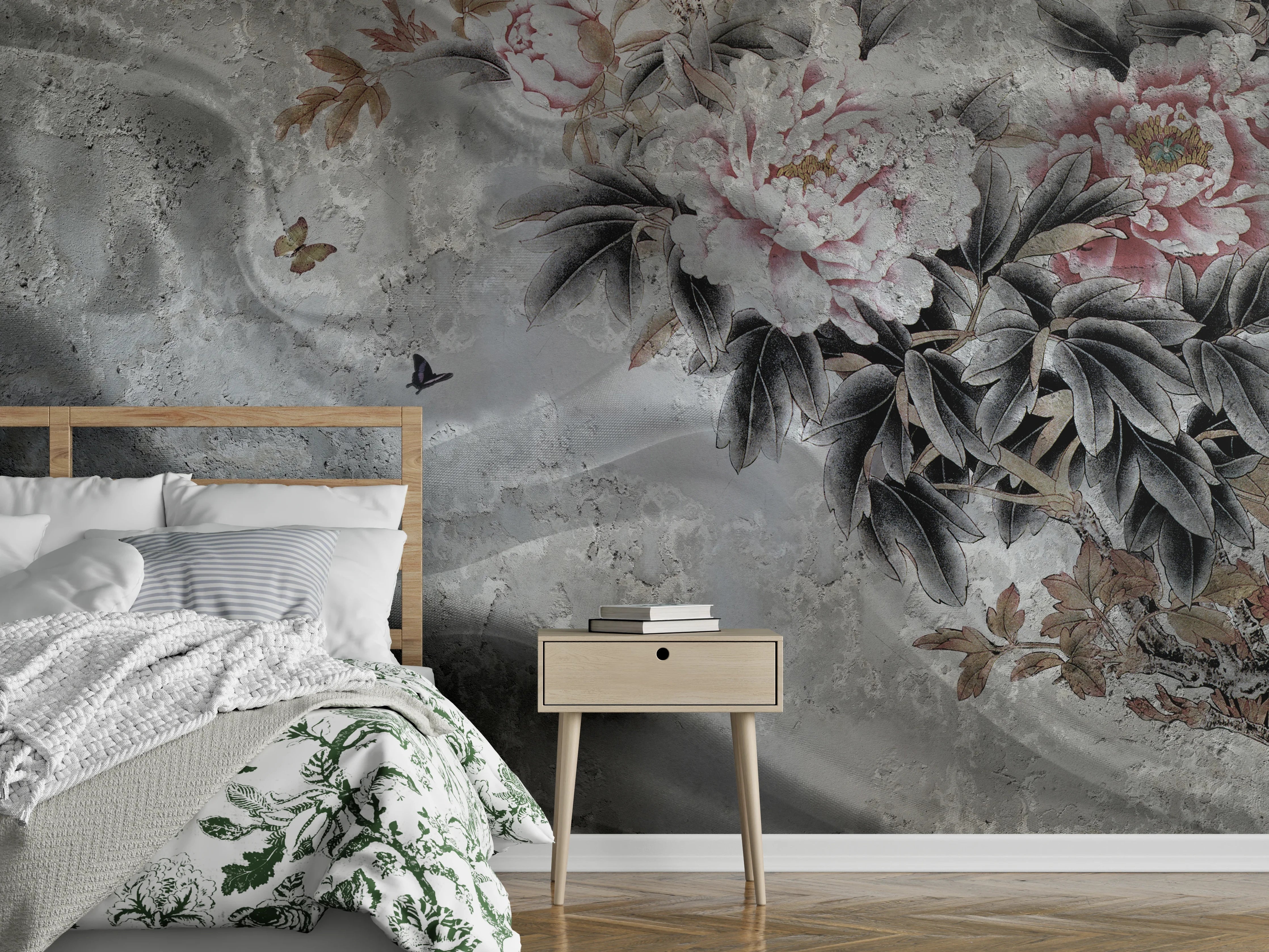 Wandverkleidung Schlafzimmer - Blumenstrauß abgebildet auf Beton