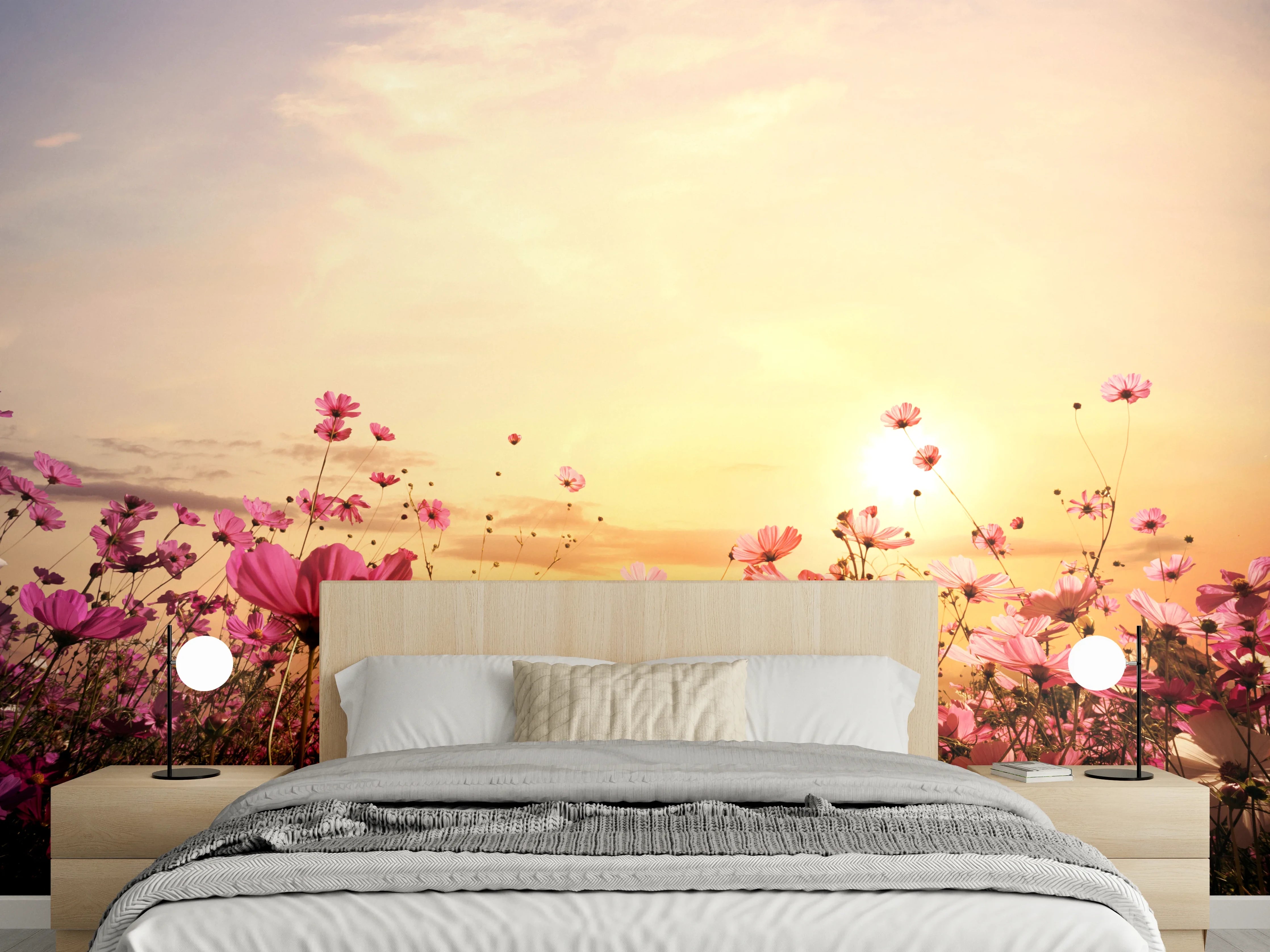 Wandverkleidung Schlafzimmer - Blumenwiese bei Sonnenuntergang Panorama
