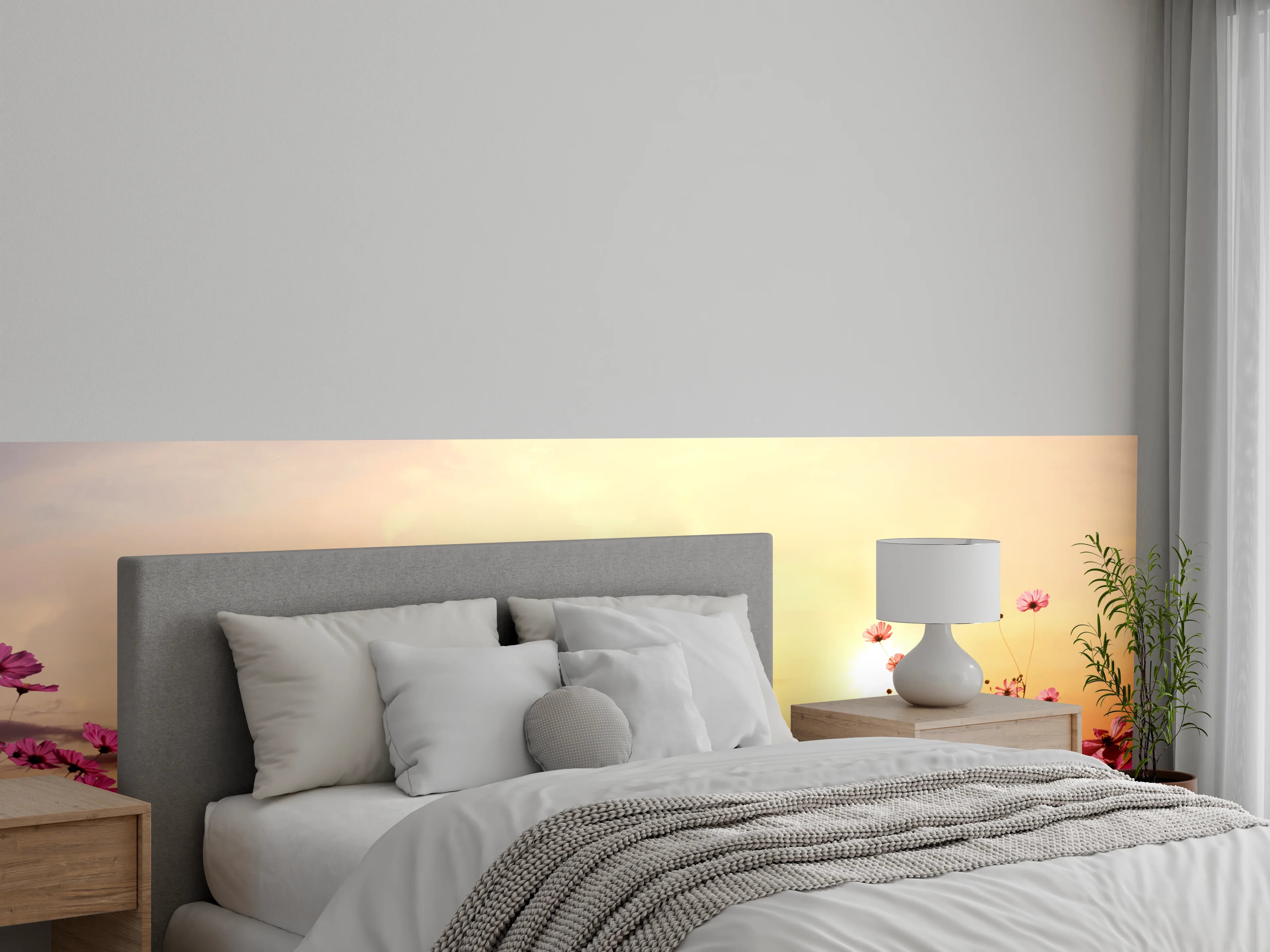 Wandverkleidung Schlafzimmer - Blumenwiese bei Sonnenuntergang Panorama