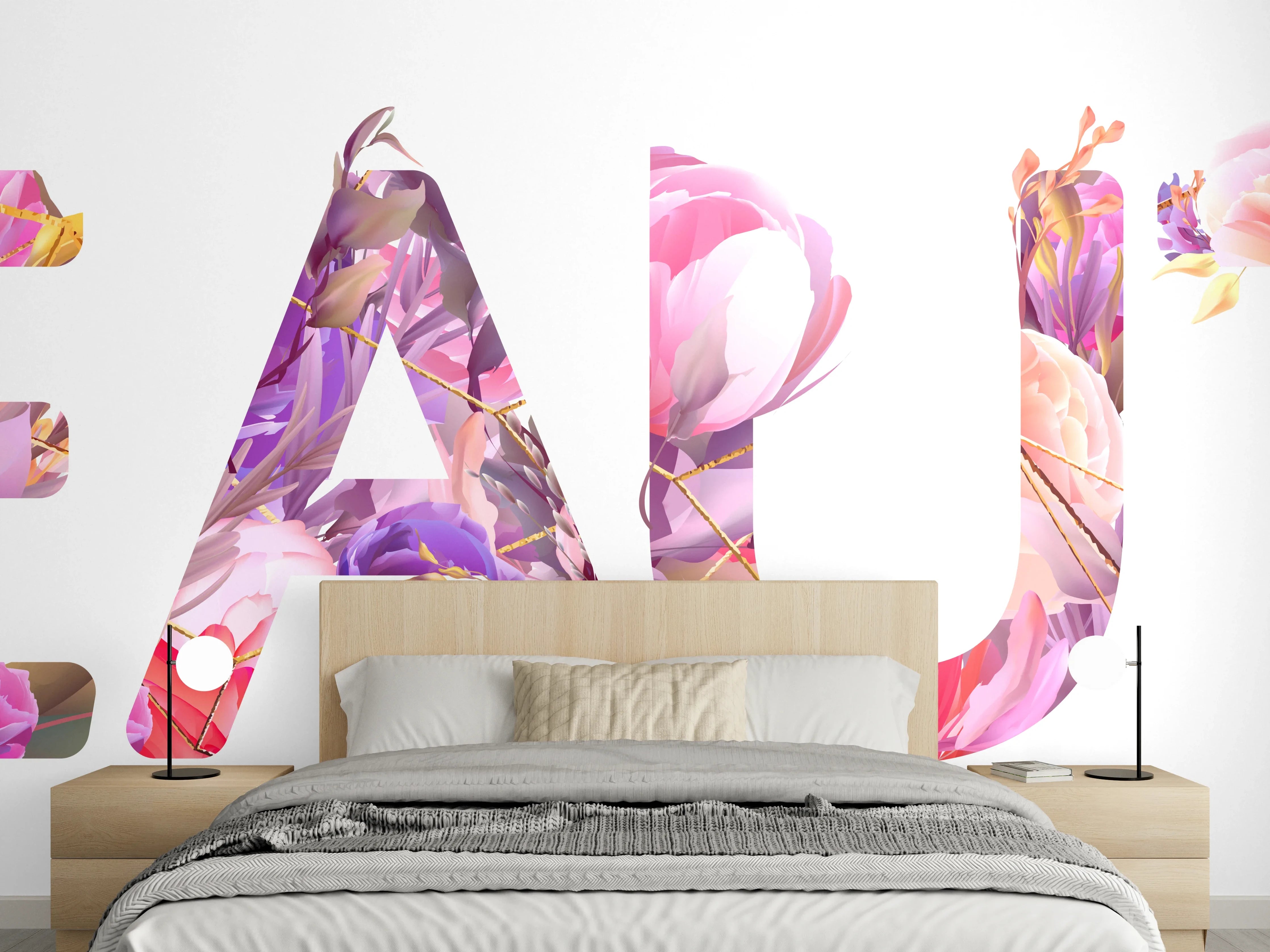 Wandverkleidung Schlafzimmer - Blumige Beauty-Schrift