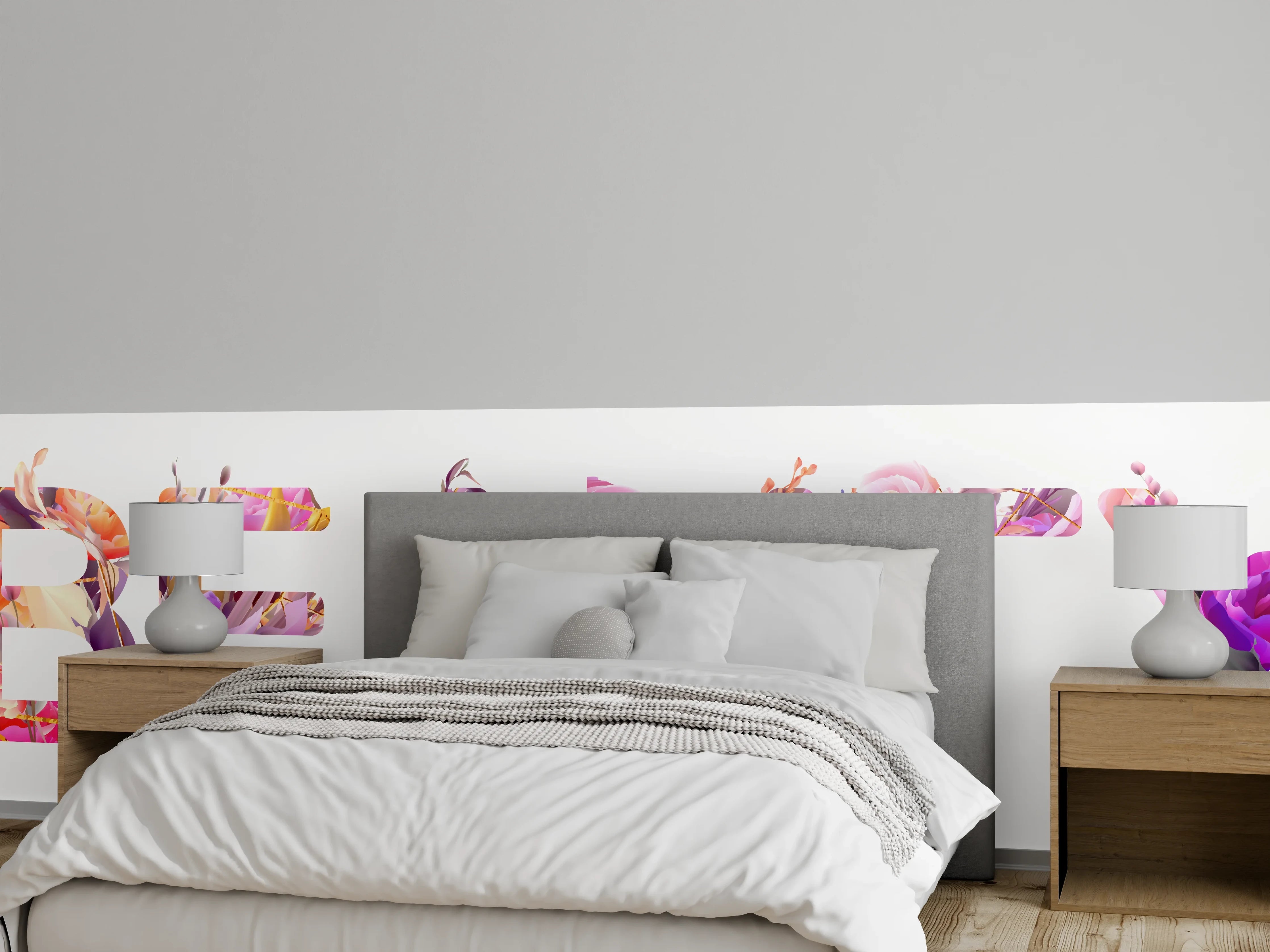 Wandverkleidung Schlafzimmer - Blumige Beauty-Schrift
