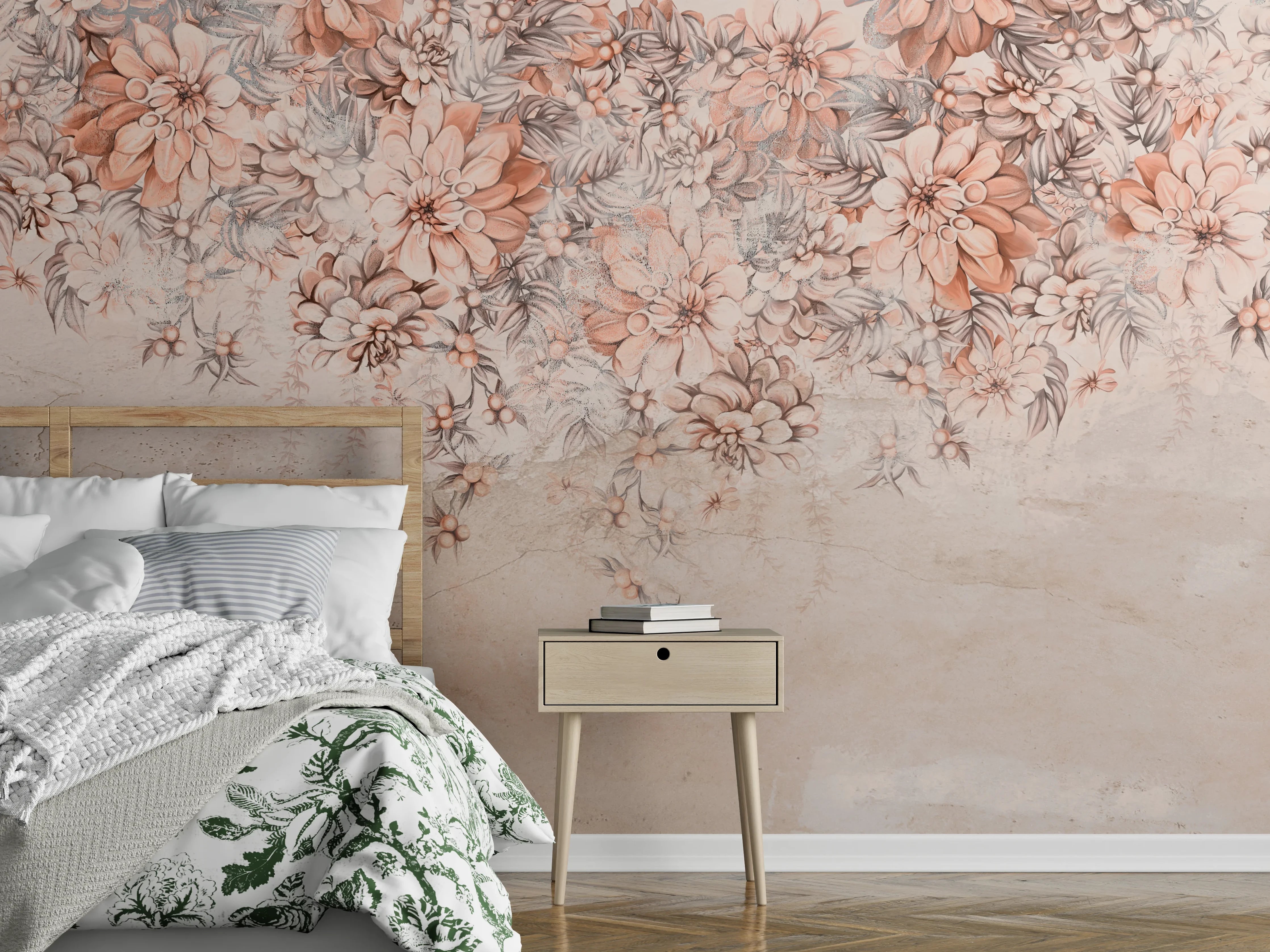 Wandverkleidung Schlafzimmer - Blumige Grunge Darstellung