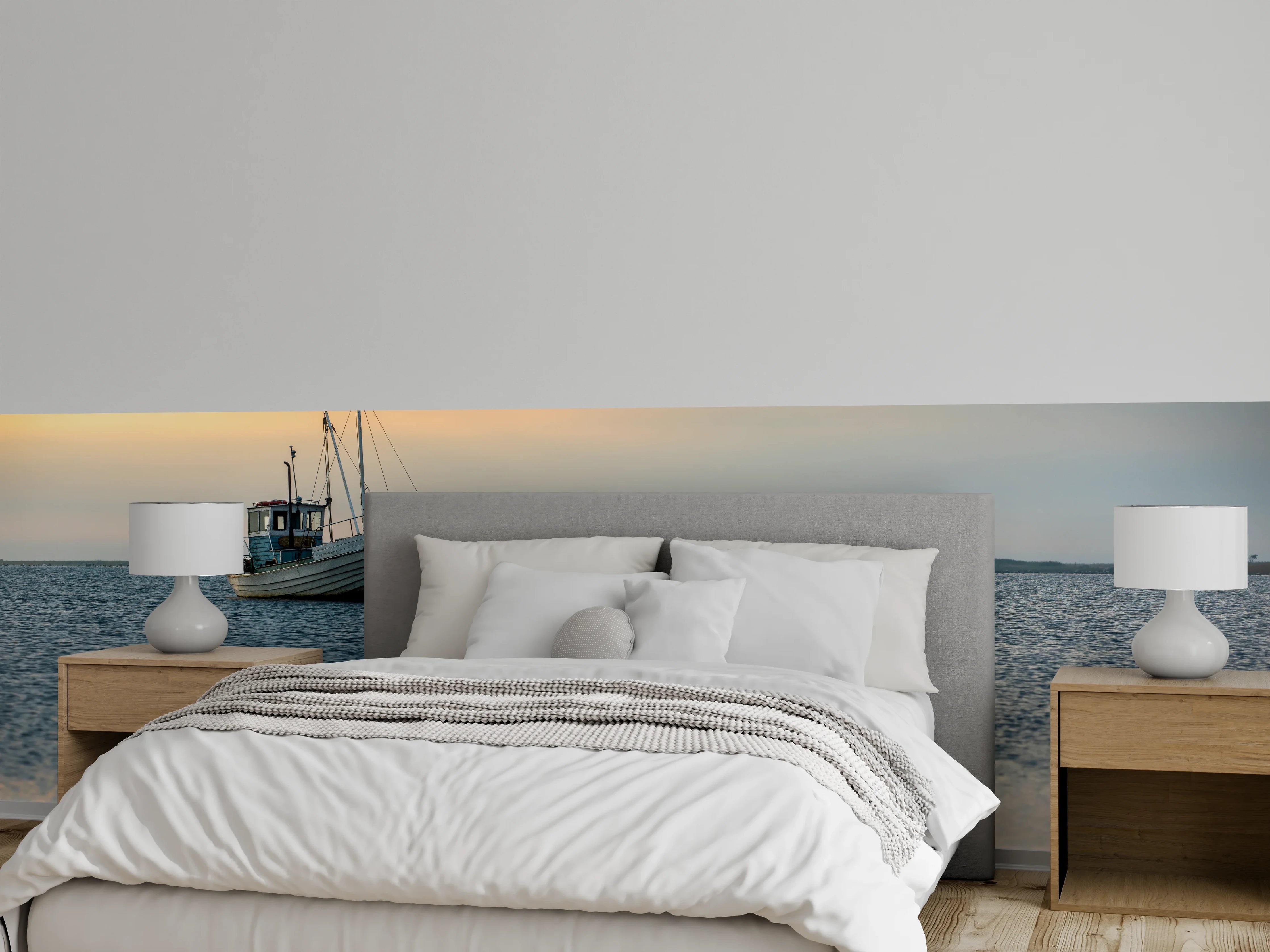 Wandverkleidung Schlafzimmer - Boot bei Sonnenuntergang auf ruhigem See